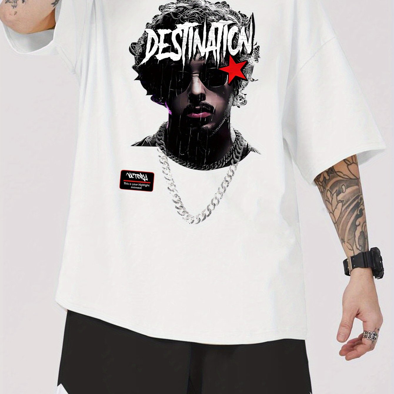 1pc Men'S Casual Rapper Print T-Shirt, Polyester Knit Fabric with Slight Stretch, Crew Neck, Short Sleeve, Summer Patterned Tee