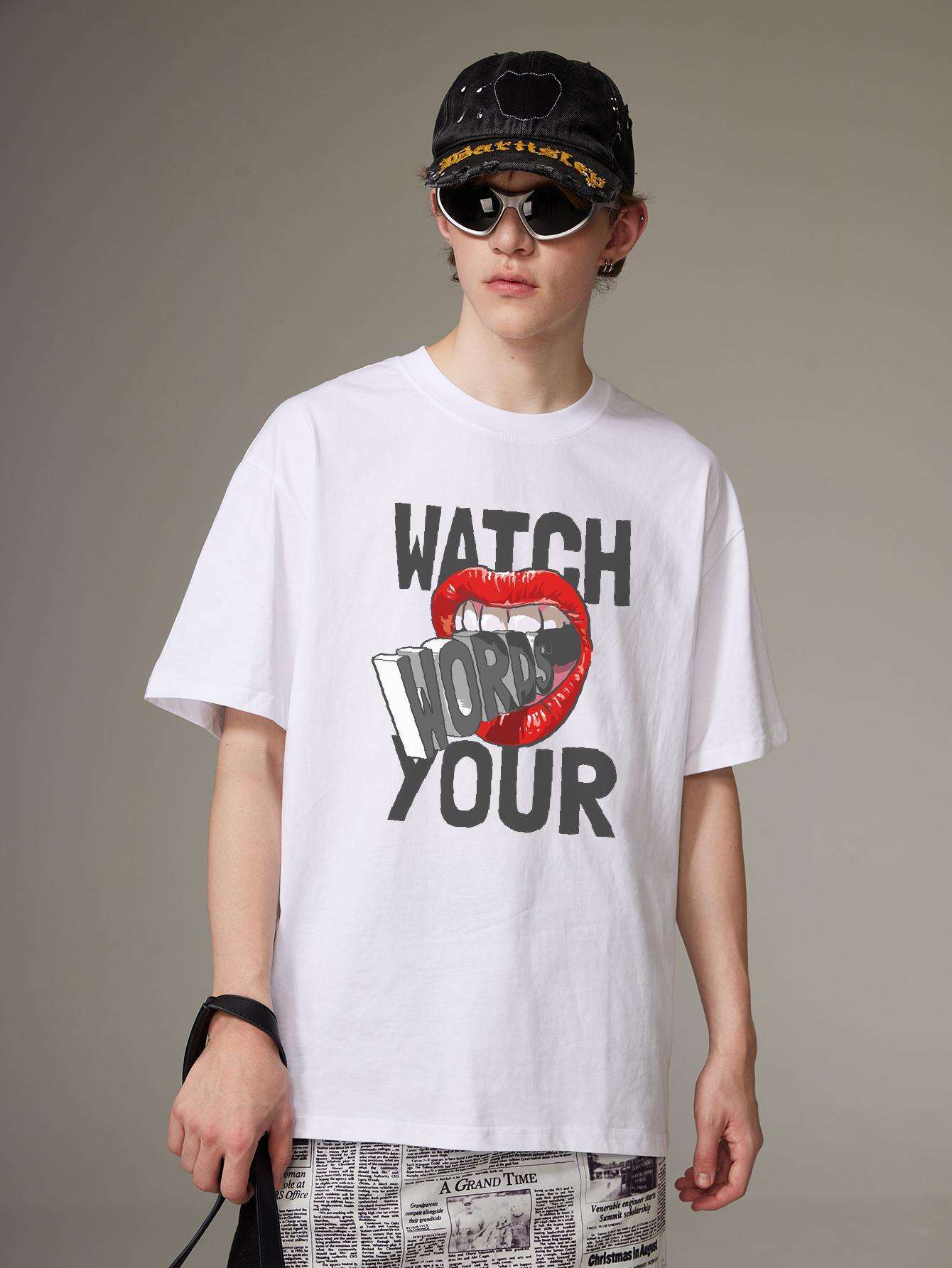 PRIVATHINKER "Watch Your Words" Graphic Tee for Men - Oversized, 100% Cotton, Short Sleeve, Casual Summer Streetwear with Red Lip & Lightning Bolt Design, Machine Washable