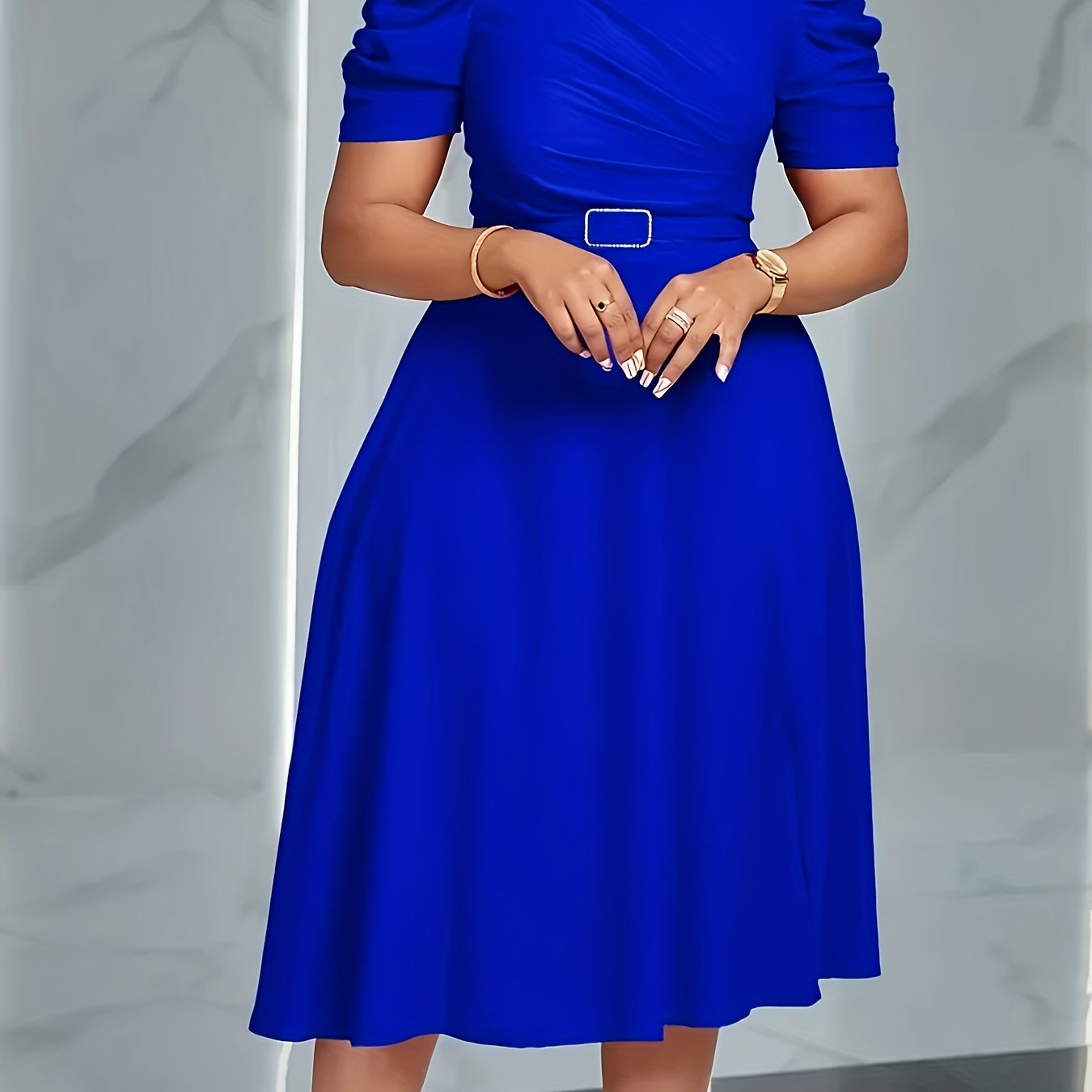 Elegant V-Neck Knit Dress for Women - Solid Color, Knee-Length with Flowy Skirt & Puff Sleeves, Machine Washable
