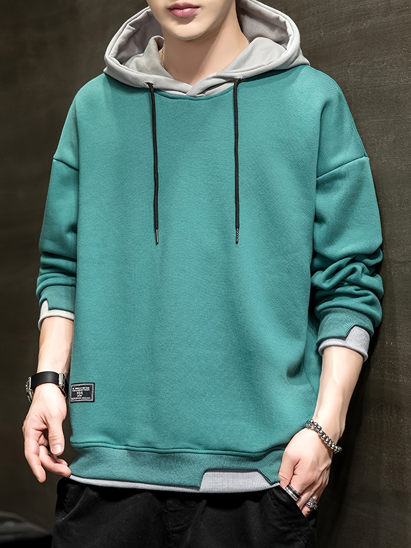 Men'S Fashion Casual Hooded Sweatshirt, 100% Polyester Knit Fabric, Long Sleeve, Loose Fit Pullover with Geometric Applique Design, Medium Stretch, for Spring/Autumn Trendy Streetwear