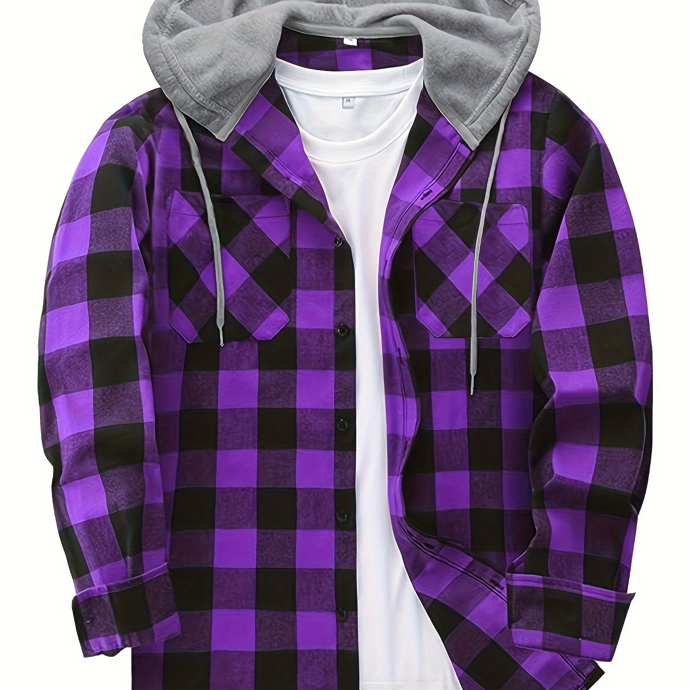 Fashionable Design Men's Plaid Pattern Hooded Long Sleeve And Button Up Shirt Jacket With Pockets, Chic And Trendy Hoodie Jacket For Outdoors Leisurewear