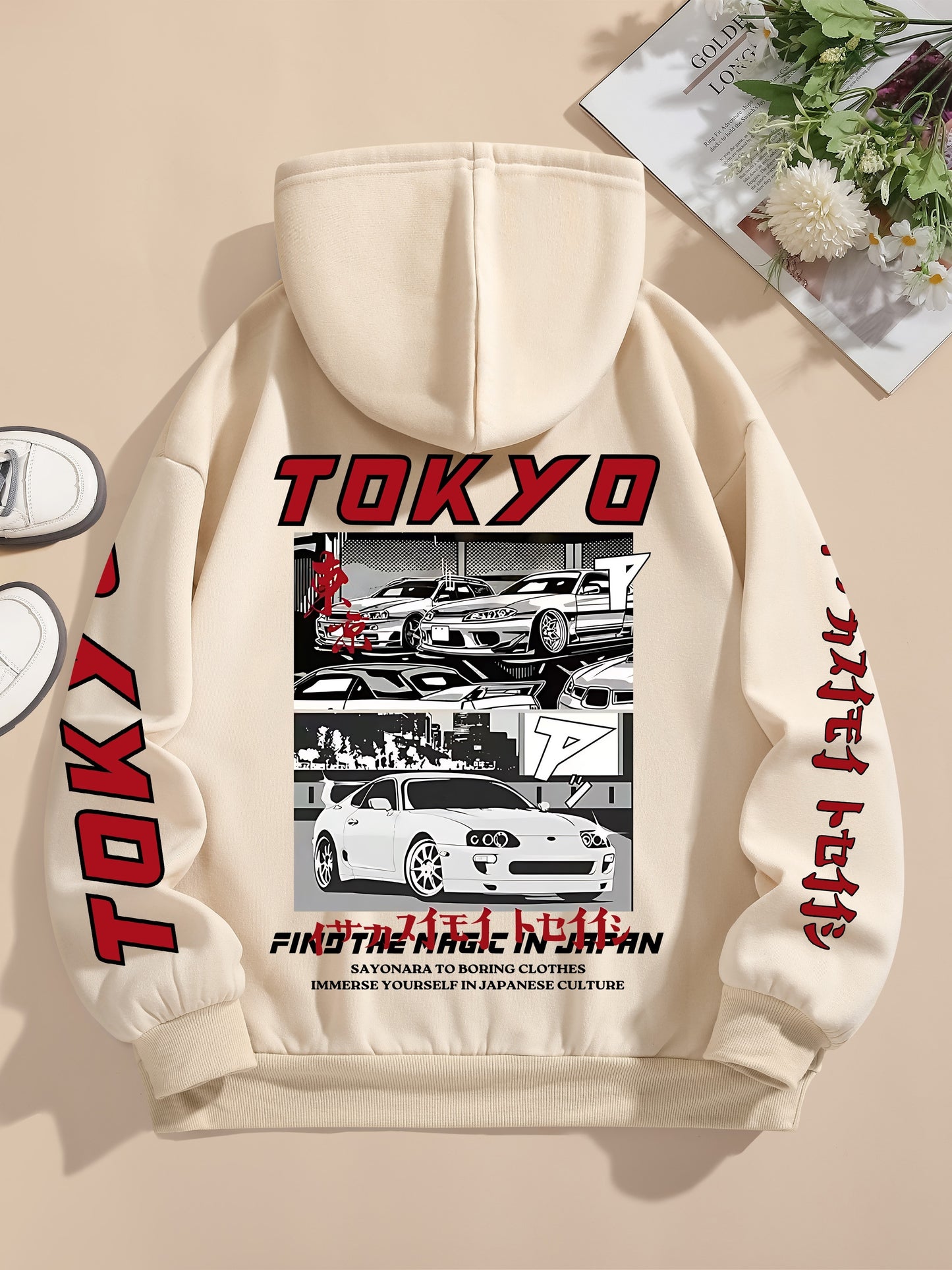 Tokyo Graphic Print Casual Hoodie for Women - 100% Polyester Knit Fabric with Drawstring Hood, Geometric Pattern, All-Season Comfort