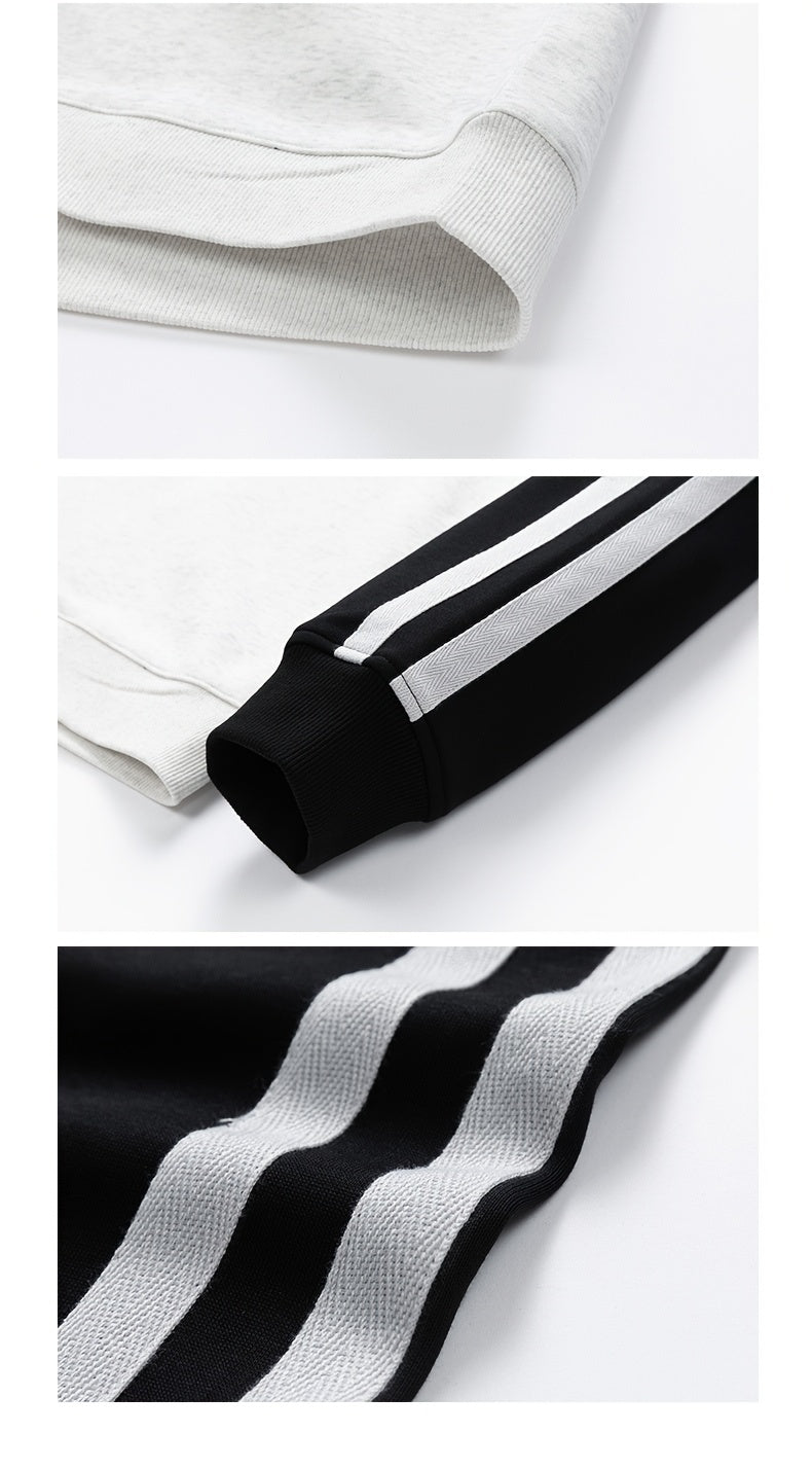 Men's Stylish Pink and Black Striped Crew-Neck Sweatshirt - Breathable, Casual Long-Sleeve Hoodie for City Walking, Street Lounging & Outdoor Activities, Polyester, Non-Stretch Fabric