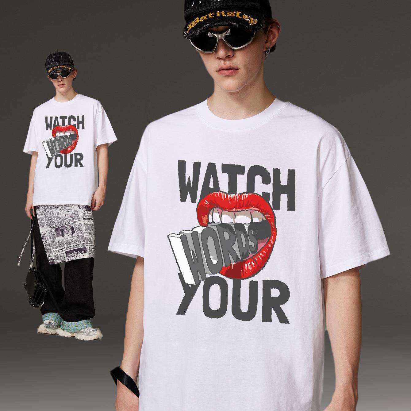 PRIVATHINKER "Watch Your Words" Graphic Tee for Men - Oversized, 100% Cotton, Short Sleeve, Casual Summer Streetwear with Red Lip & Lightning Bolt Design, Machine Washable