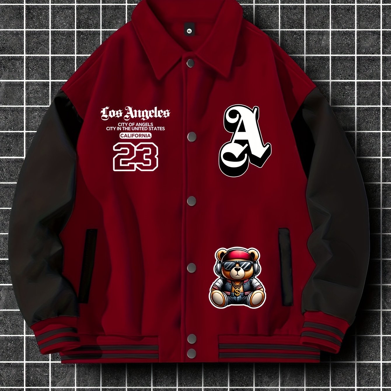 Men'S Casual Polyester Lightweight Jacket, American Streetwear Baseball Style with Random Print, Collar, Pockets, Regular Fit, Knit Fabric