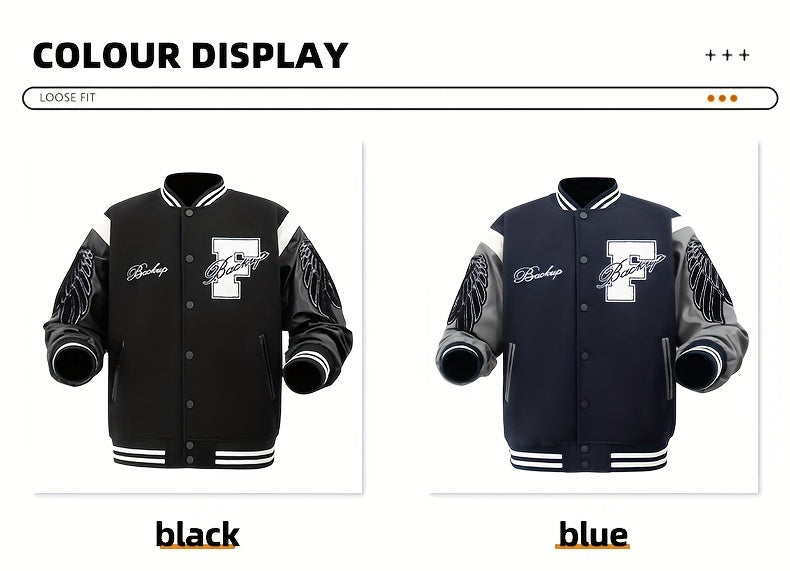 Men's Letter Double-wing Embroidery Varisty Jackets Vintage Long Sleeve PU Leather Patchwork Baseball Coats for Autumn&Winter