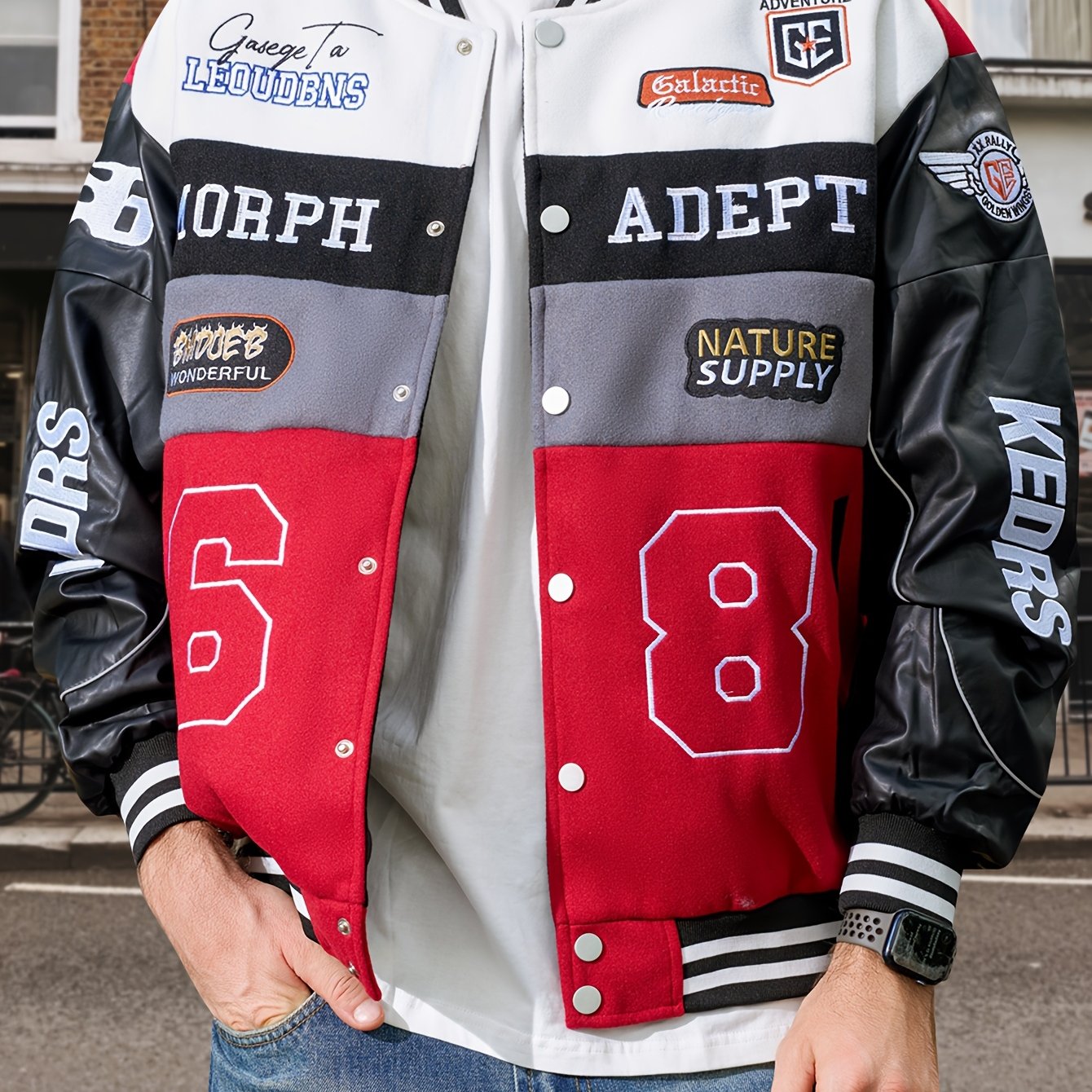 Men'S Daily Patchwork Polyester Varsity Jacket Stylish Retro Embroidered Long Sleeve Baseball Coats Casual Unisex Loose Outdoor Outerwear