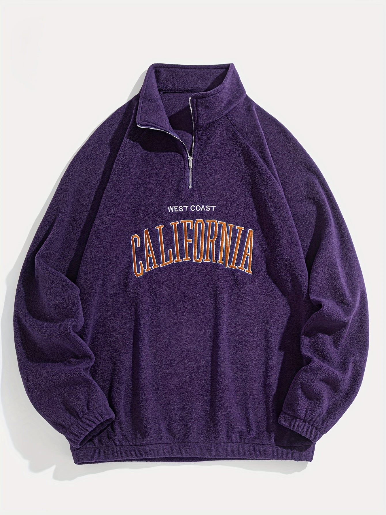 Men's Embroidered Fleece Pullover Sweatshirt with Quarter-Zip Stand Collar - Casual Long Sleeve, Polyester Blend