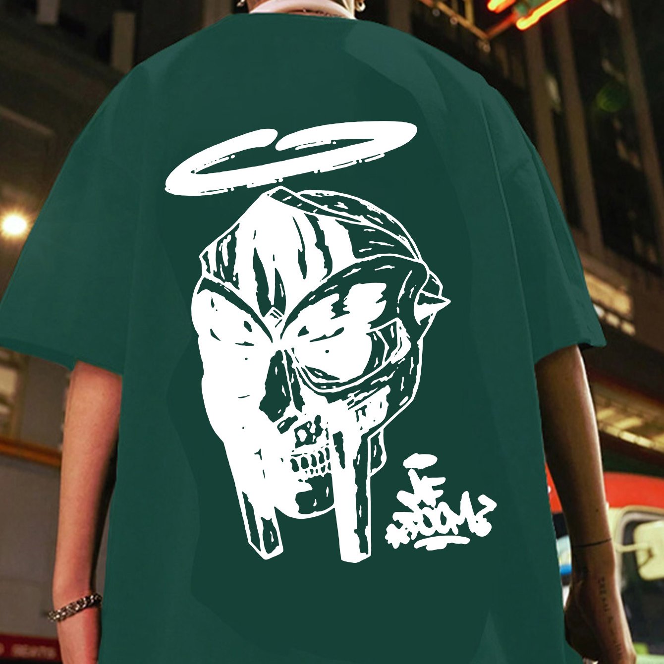 Men's Oversized MF DOOM Mask Graphic Tee - Casual Trendy Summer Black T-Shirt with White Print, 100% Polyester, Machine Washable, Vacation Style, H Version, Leisure Outing Occasion, Summer