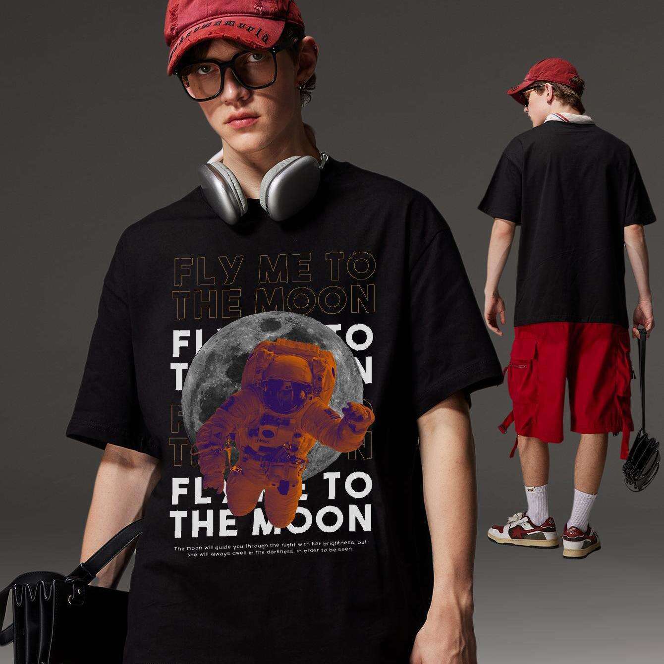 PRIVATHINKER Men's "Fly Me to The Moon" Graphic Tee - 100% Cotton, Oversized & Lightweight, Casual Summer Streetwear with Astronaut & Moon Design, Short Sleeve, Round Neck