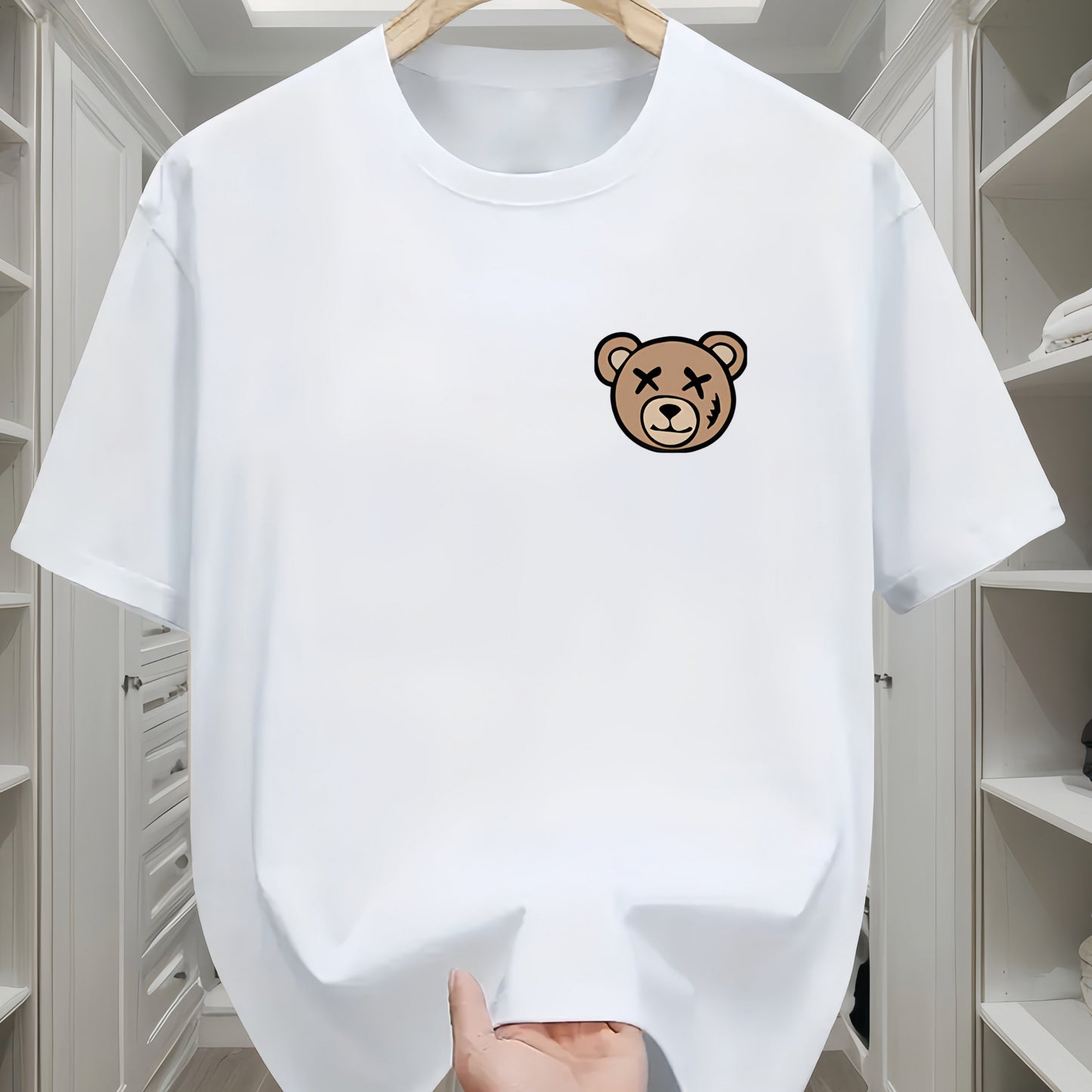 Men's Classic Black Cotton T-Shirt with Cute Bear Design - Casual, Comfortable Short Sleeve Crew Neck Tee, Machine Washable for All Seasons