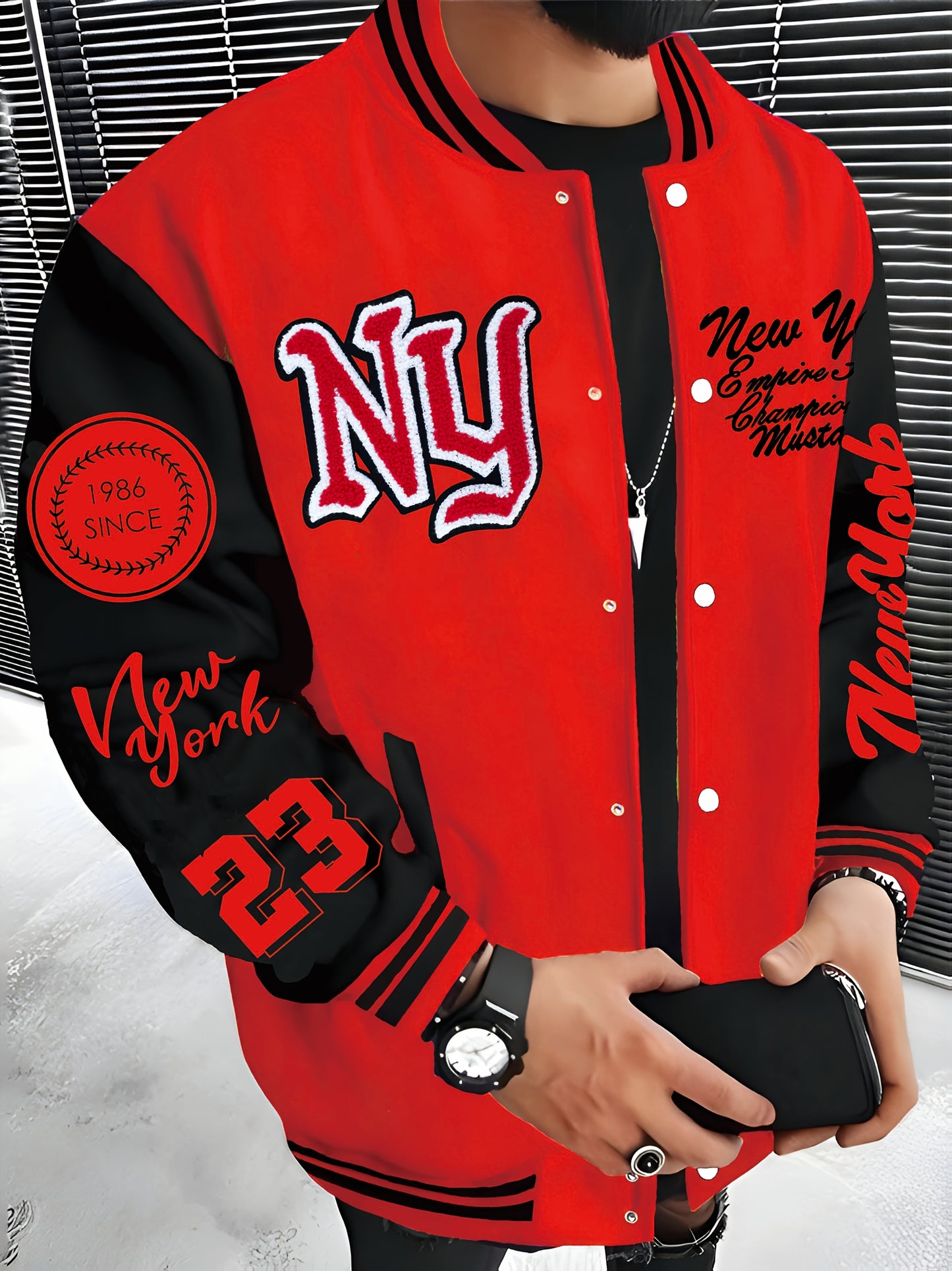 New York Embroidered Varsity Jacket - Men's Casual Fleece-Lined Baseball Coat, Lightweight & Warm for Fall/Winter, Machine Washable, Autumn, Hip Hop, Christmas & New Year, Leisure Style, Leisure Outing Occasion, Conventional