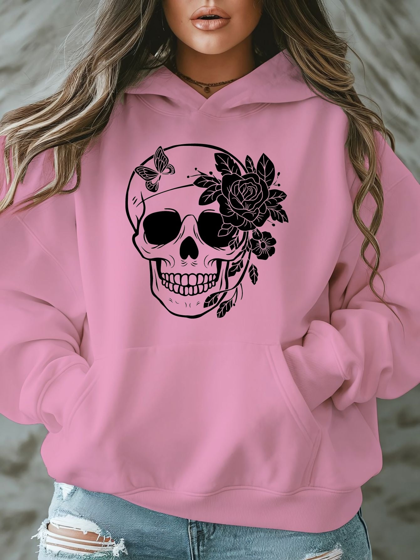 1pc Women'S Plus Size Casual Hoodie with Floral Skull Print, Polyester Knit Sweatshirt, Long Sleeve Pullover with Pockets, Letter Pattern, Round Neck Hooded Top, with Autumn/Winter Fashion