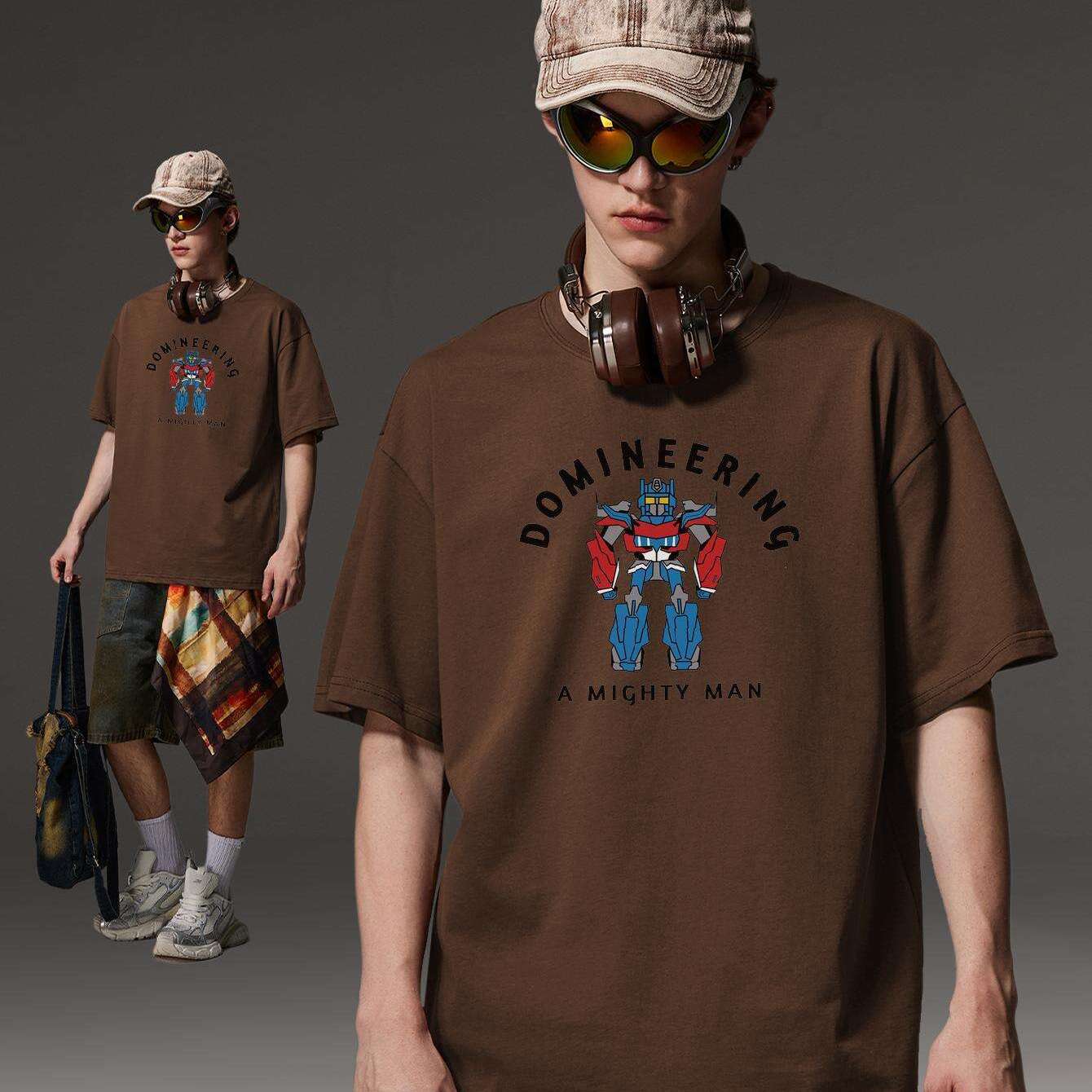 PRIVATHINKER "Domineering A Mighty for Man" Graphic Tee - 100% Cotton, Oversized Casual Hip Hop Style, Short Sleeve T-Shirt with Robot Print, Summer Streetwear for Men and Women