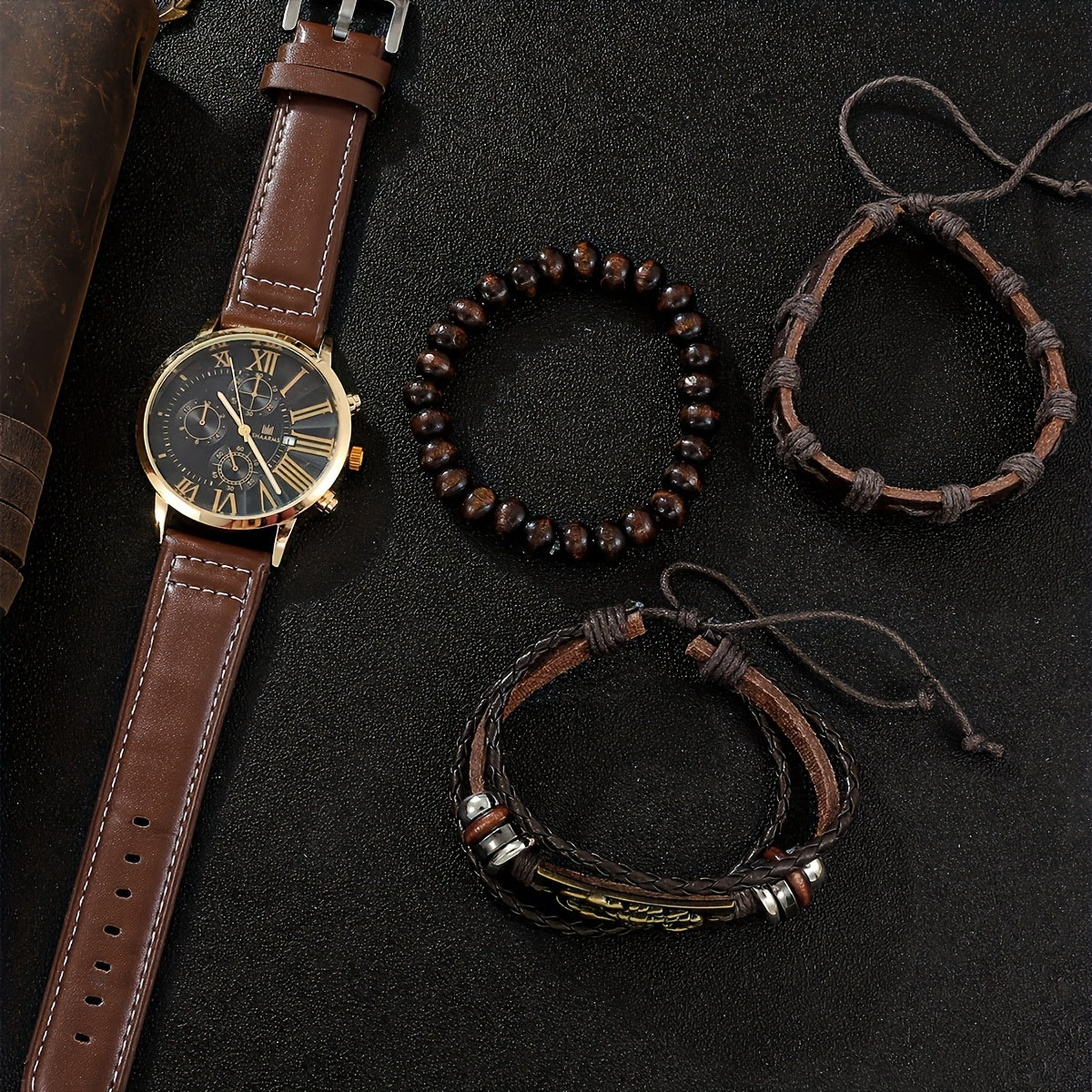 4pcs Men's Elegant Quartz Watch & Bracelet Set - Fashionable Brown with Golden Accents, Calendar Feature, Faux Leather Strap - Ideal Gift for Him