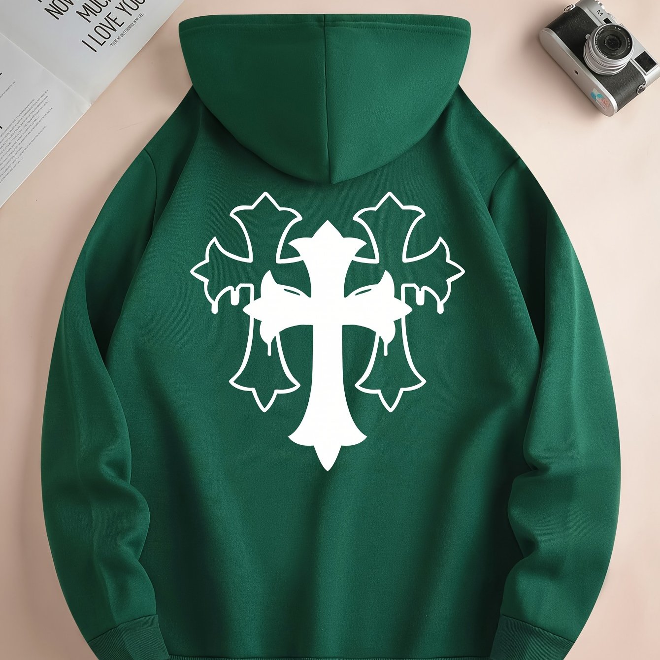 Cross Print Men's Simple Style Pullover Hoodies With Kangaroo Pocket Long Sleeve Hooded Sweatshirt Loose Casual Top For Autumn Winter Men's Clothing As Gifts