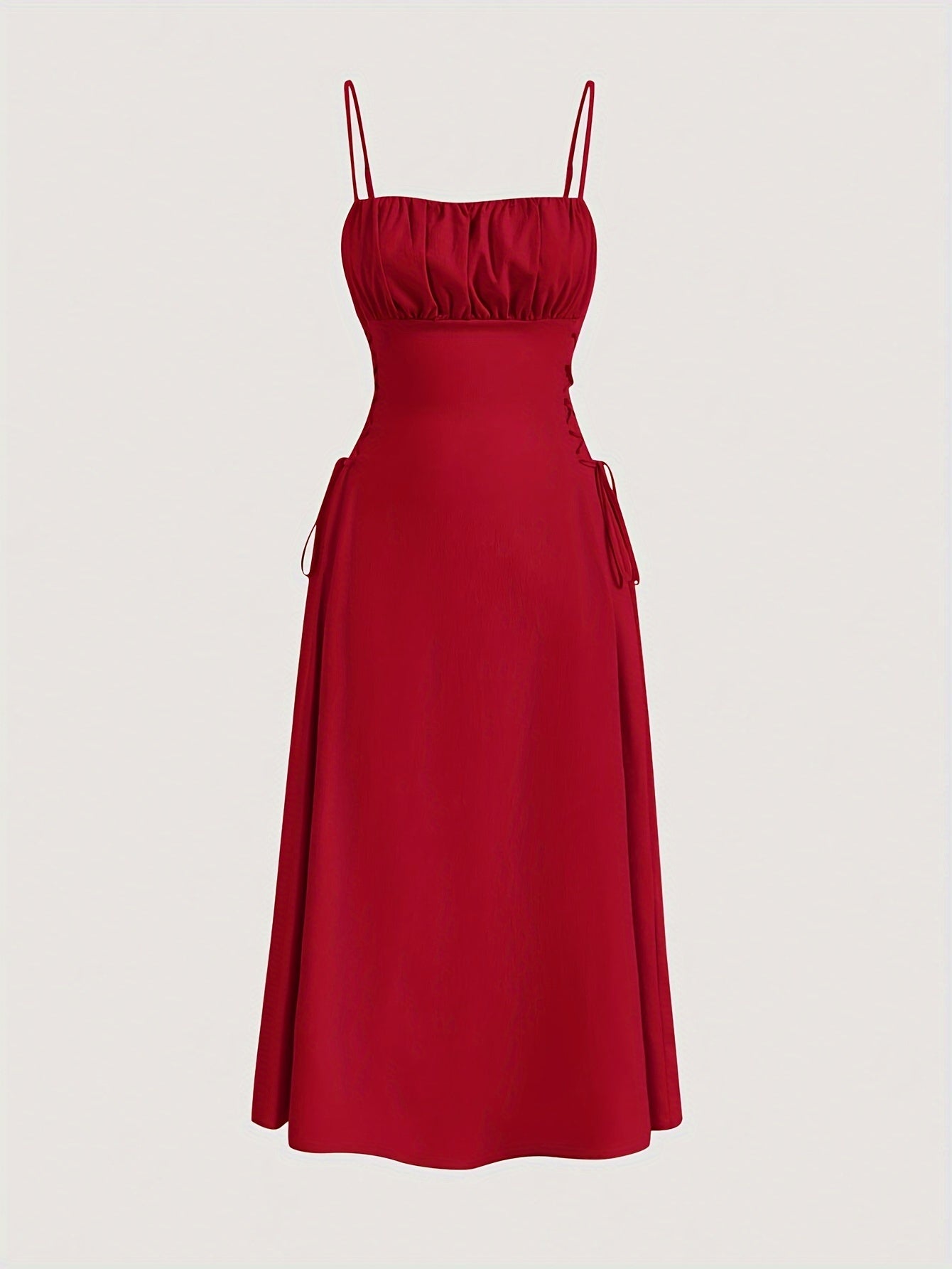 Square Neck Side Tie Dress, Sexy Solid Backless Spaghetti Strap Ruched Cami Dress, Women's Clothing