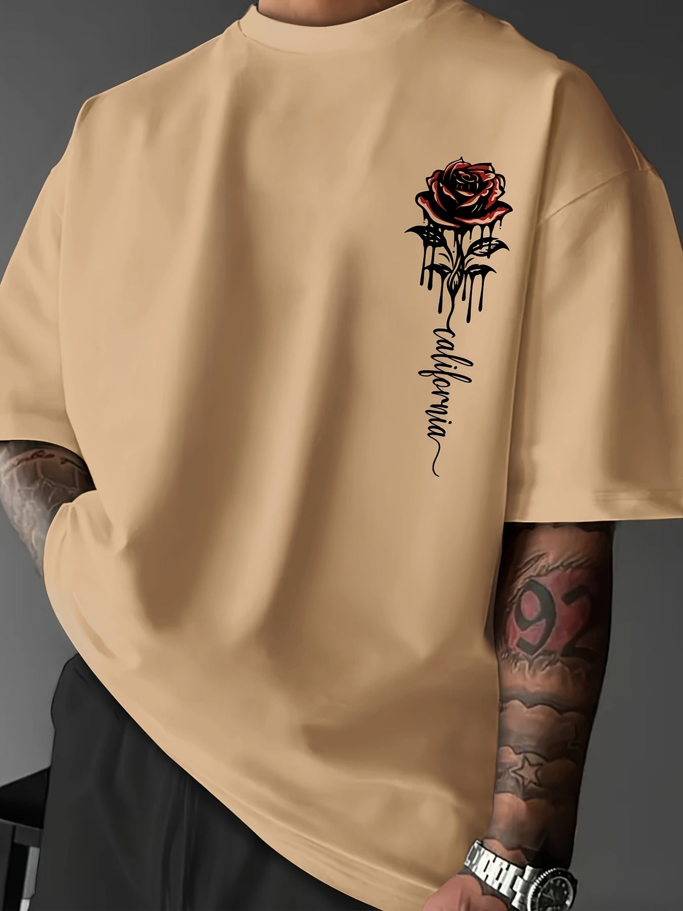 Men's Casual Rose Print T-Shirt - Loose Fit, Crew Neck, Polyester Blend, Summer Wear