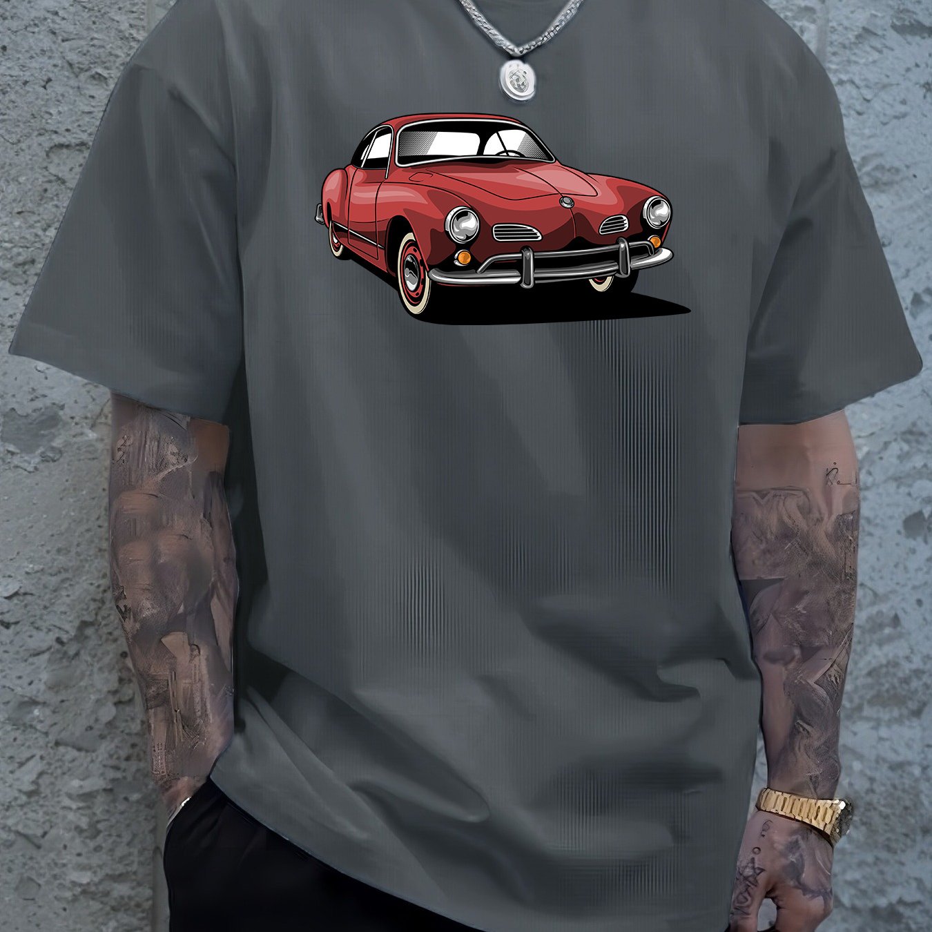 Men's Navy Blue Graphic Tee with Vintage Car Illustration - Casual & Sporty Polyester Round Neck T-Shirt, Machine Washable - Perfect for Summer Outings, Cool Oversized Tee Shirts
