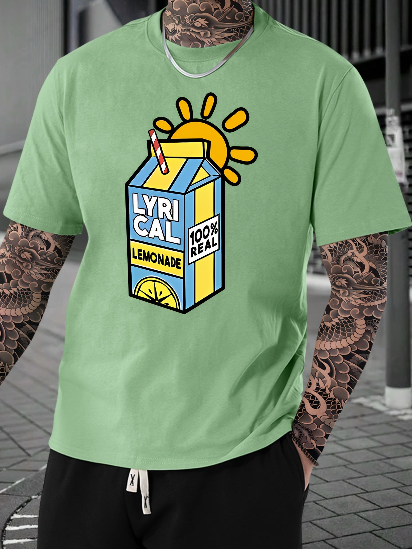 Lemonade Print, Men's Crew Neck Short Sleeve Fashion T-Shirt, Casual Comfy Top For Spring & Summer Holiday Leisure Vacation, Men's Clothing As Gift