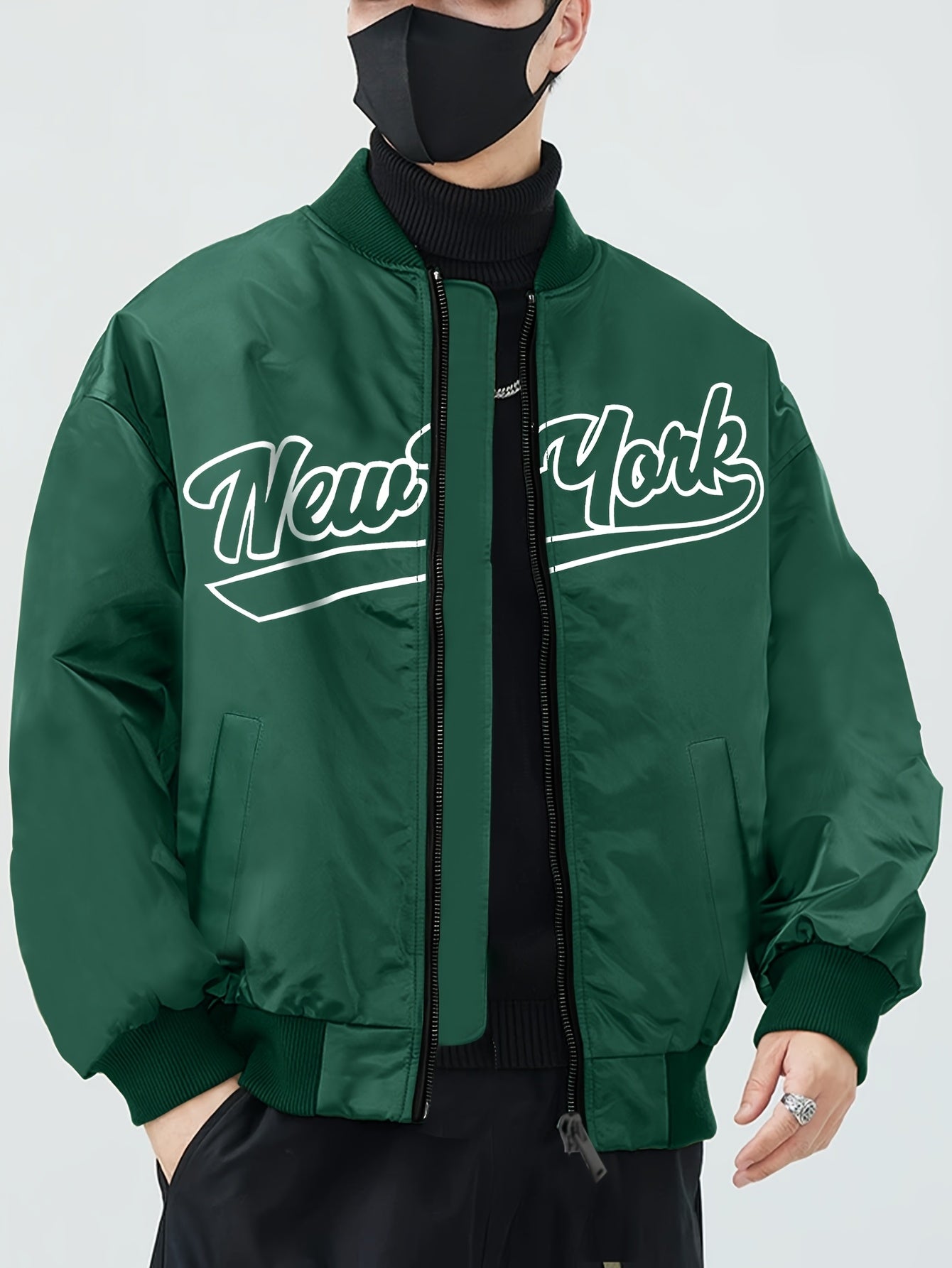 1pc Men'S Casual Bomber Jacket, Polyester 100% Lightweight Windbreaker, Letter Print, Baseball Collar, Long Sleeve, Regular Fit with Pockets, Zippered Front - Daily and Leisure Wear