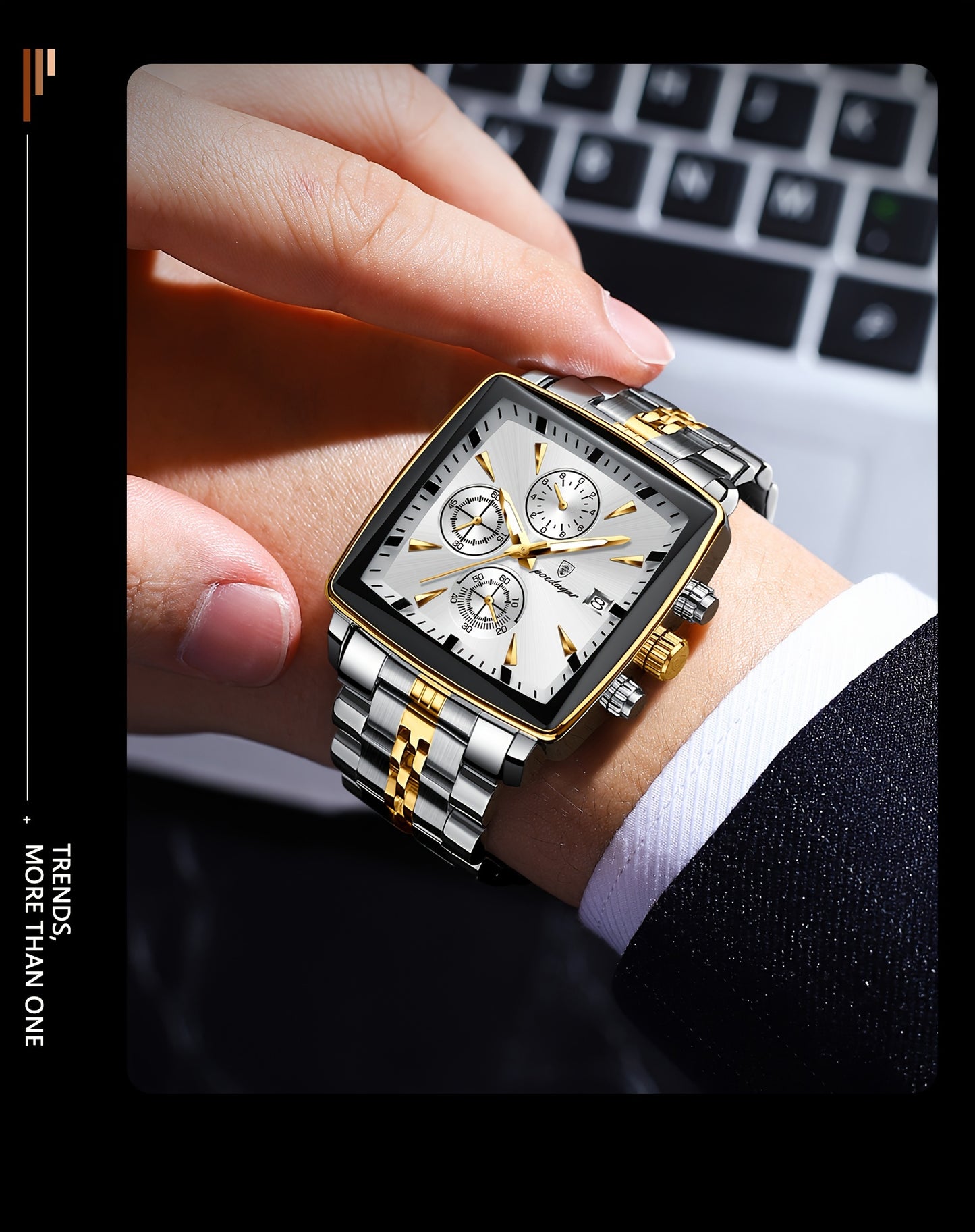 POEDAGAR Men'S Business Quartz Watch, Stainless Steel Square Dial, Luminous Hands, Date Calendar, Battery Powered, with Non-Rechargeable Button Battery, for Thanksgiving & Christmas Gifts, Water Resistant