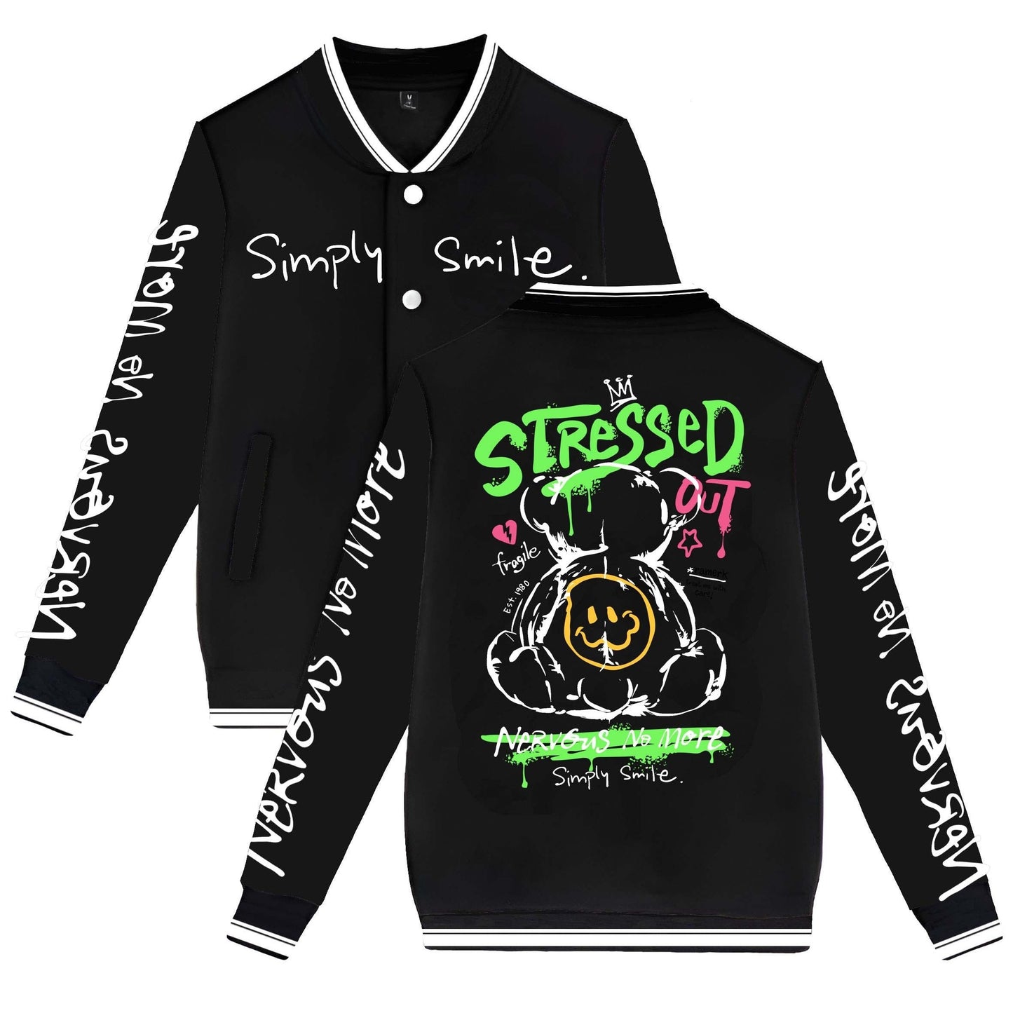 Men's Trendy Bear-Themed Varsity Jacket - Lightweight, Warm Fleece-Lined Baseball Coat with Pockets, Machine Washable