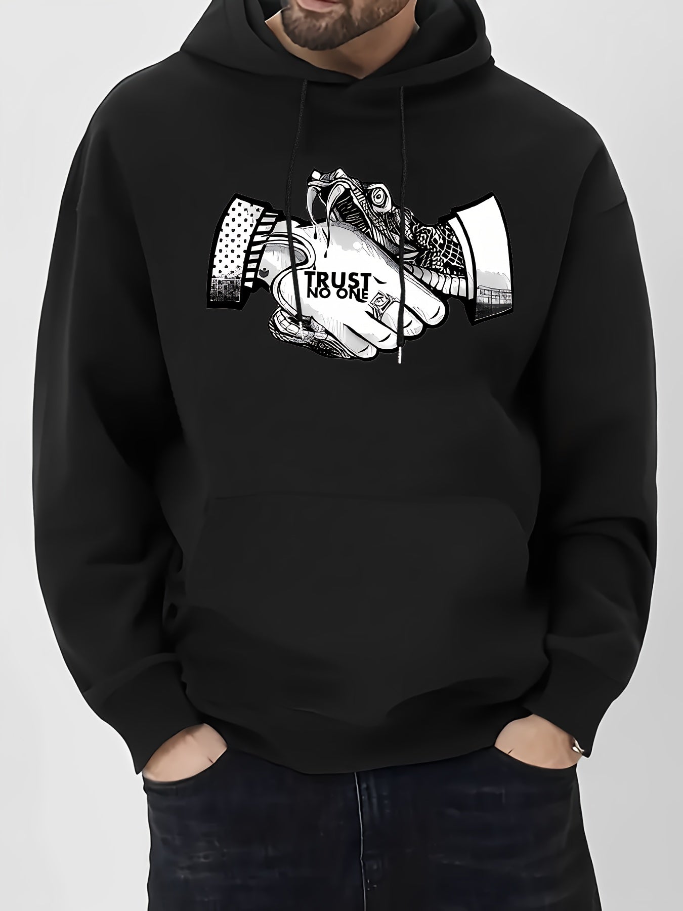 Men's Trust No One Graphic Print Casual Hoodie - 100% Polyester Knit Fabric with Hood, Slight Stretch, Regular Fit Long Sleeve Fashion Pullover for Fall/Winter