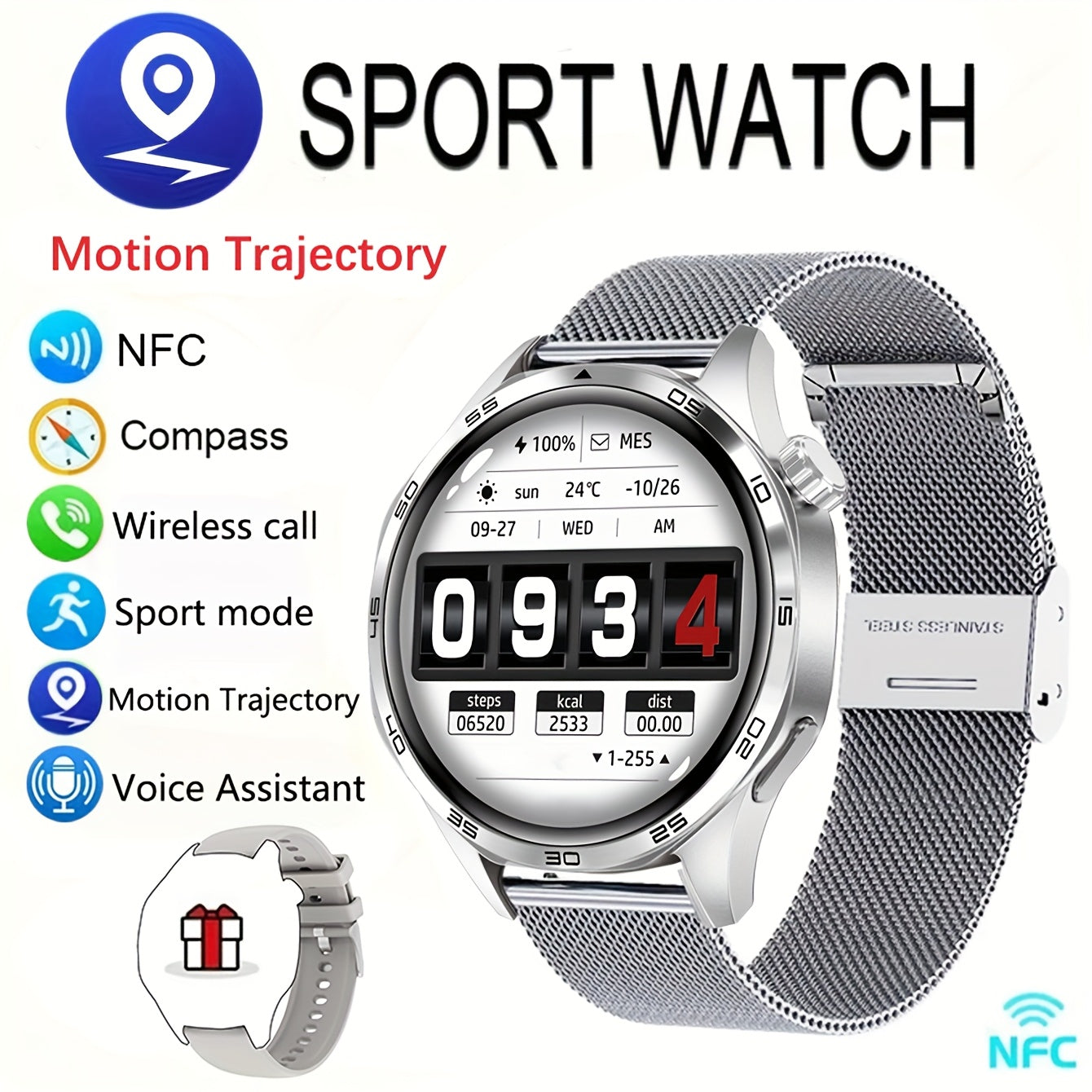 New Watch 5 Pro Smartwatch With 1.53-inch High-definition Screen, Voice Calling, Wireless Calling, NFC Access Control, Outdoor Sports Trajectory Smartwatch With Voice Assistant, Compass, Pedometer, Suitable For Android/iPhone