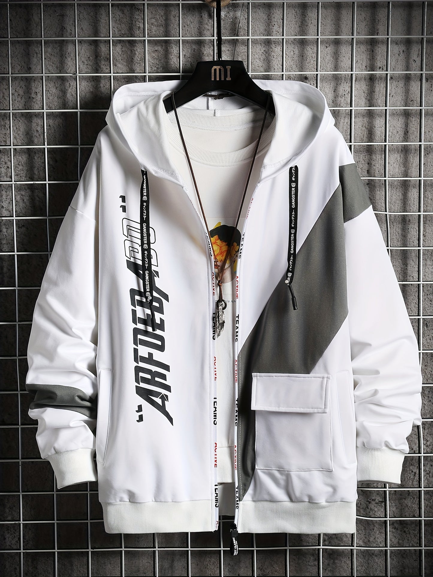 Men's Casual Hoodie with Geometric Print - Cozy & Warm Zip-Up Jacket for Fall/Winter, Polyester Blend, Young Fashion, Sports