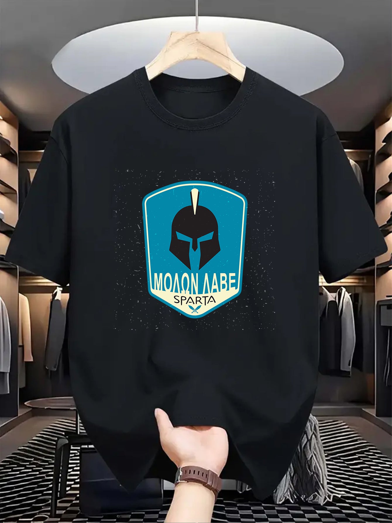 Men's SPARTA Graphic Tee - Beige Crew Neck Short Sleeve T-Shirt with Blue Spartan Helmet Design, 100% Polyester, Casual Summer Wear for Everyday & Special Occasions, Cool Oversized Tee Shirts