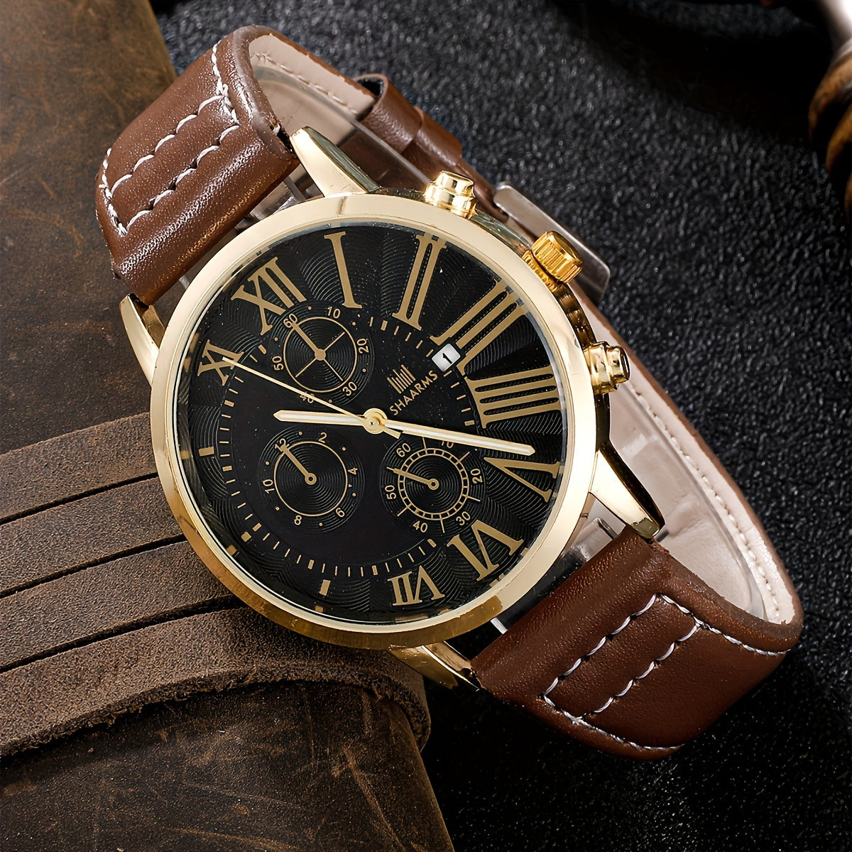 4pcs Men's Elegant Quartz Watch & Bracelet Set - Fashionable Brown with Golden Accents, Calendar Feature, Faux Leather Strap - Ideal Gift for Him