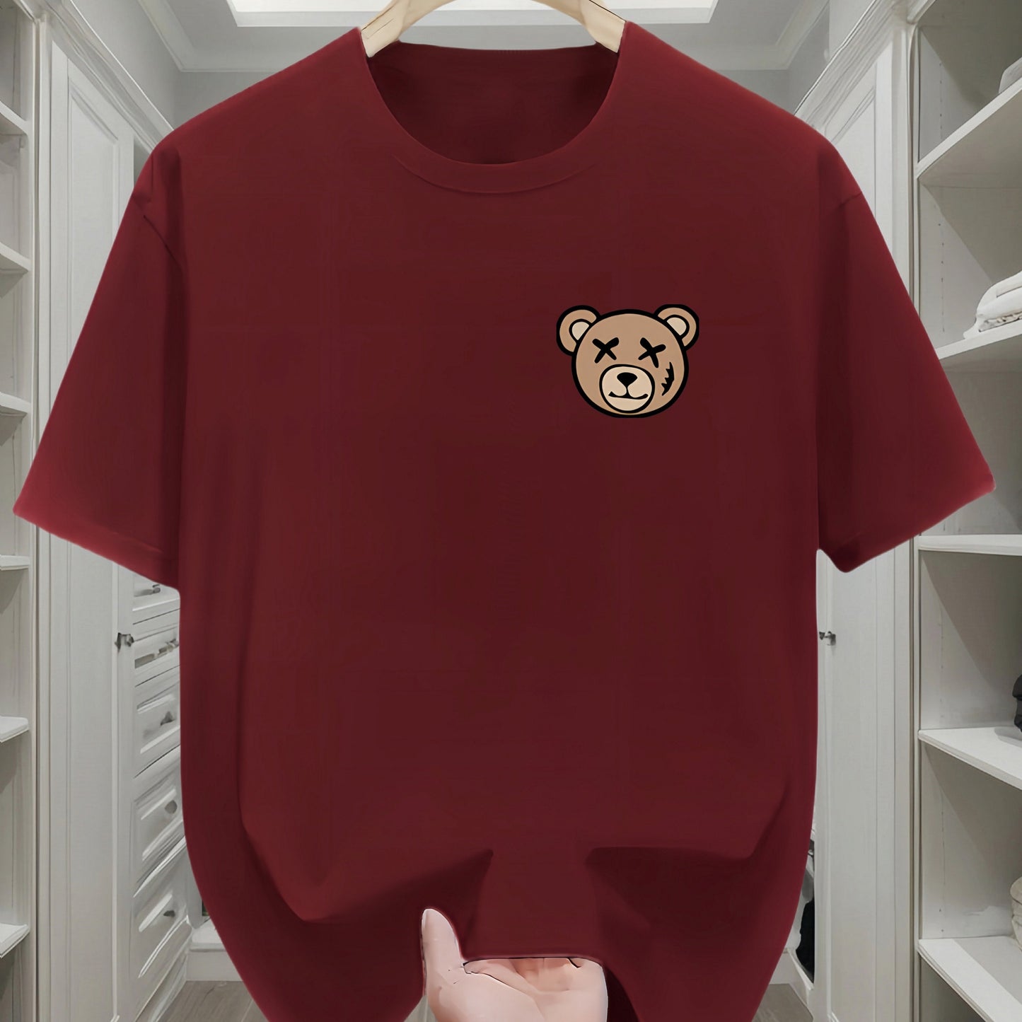 Men's Classic Black Cotton T-Shirt with Cute Bear Design - Casual, Comfortable Short Sleeve Crew Neck Tee, Machine Washable for All Seasons