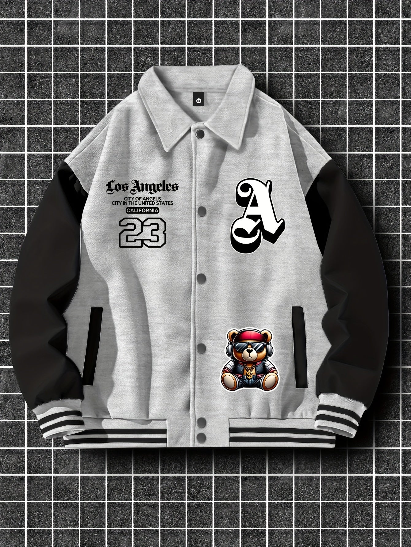 Men'S Casual Polyester Lightweight Jacket, American Streetwear Baseball Style with Random Print, Collar, Pockets, Regular Fit, Knit Fabric