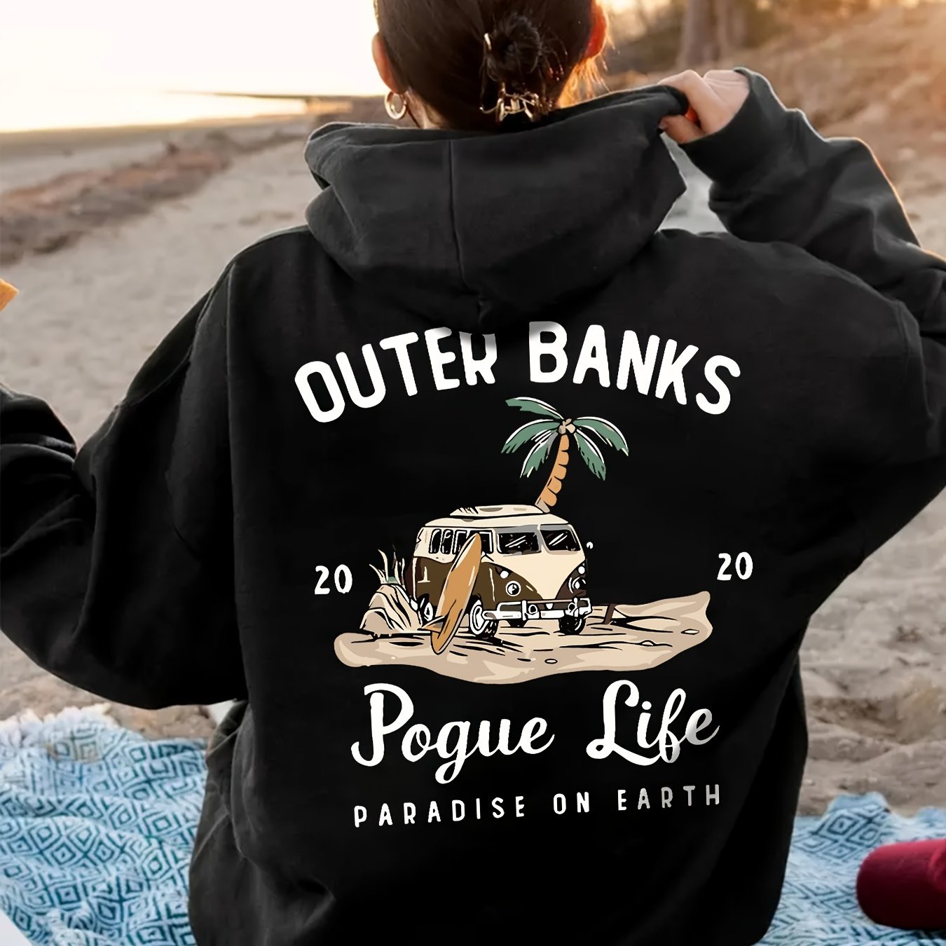 Funny Landscape & Letter Print Kangaroo Pocket Hoodie, Casual Long Sleeve Drawstring Hoodies Sweatshirt for Winter & Autumn, Women's Clothing, Oversized Hoodie