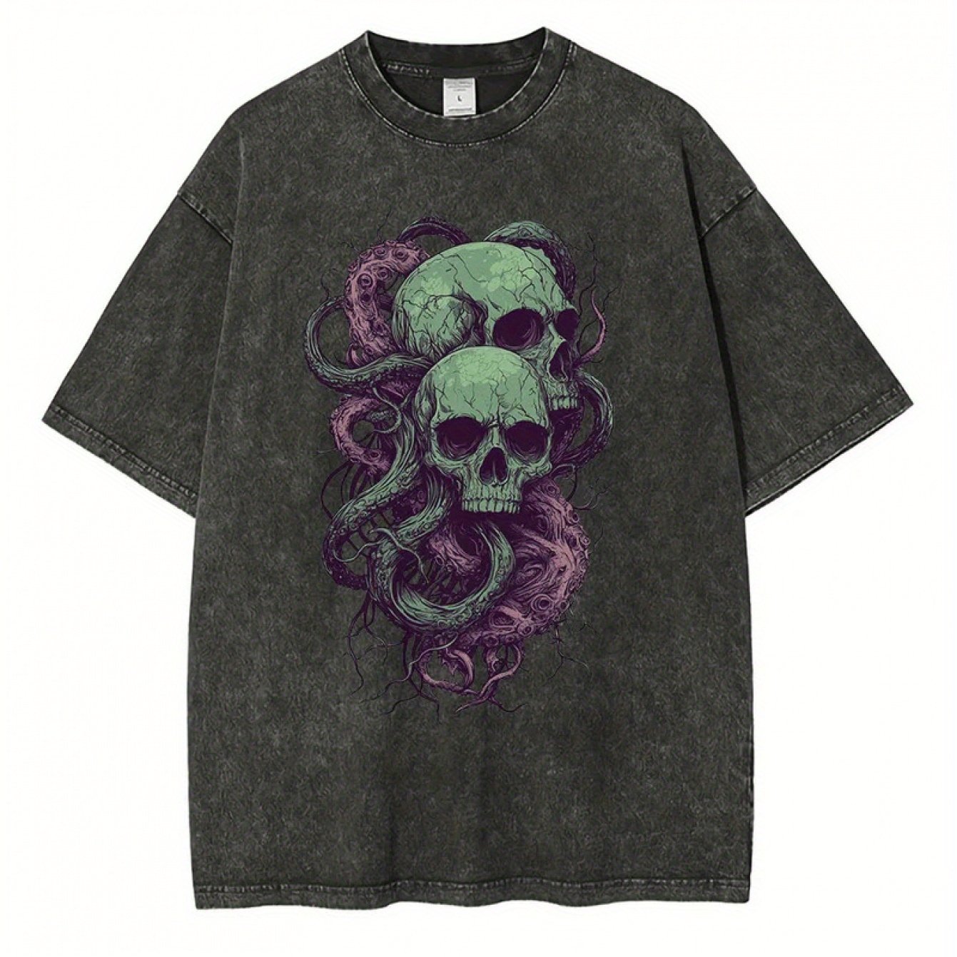 Men's Psychedelic Skull Graphic Tee - Breathable Cotton, Oversized Fit with Drop Shoulders, Casual Round Neck T-Shirt for All Seasons, Designer Clothes, Tentacles, Heavy