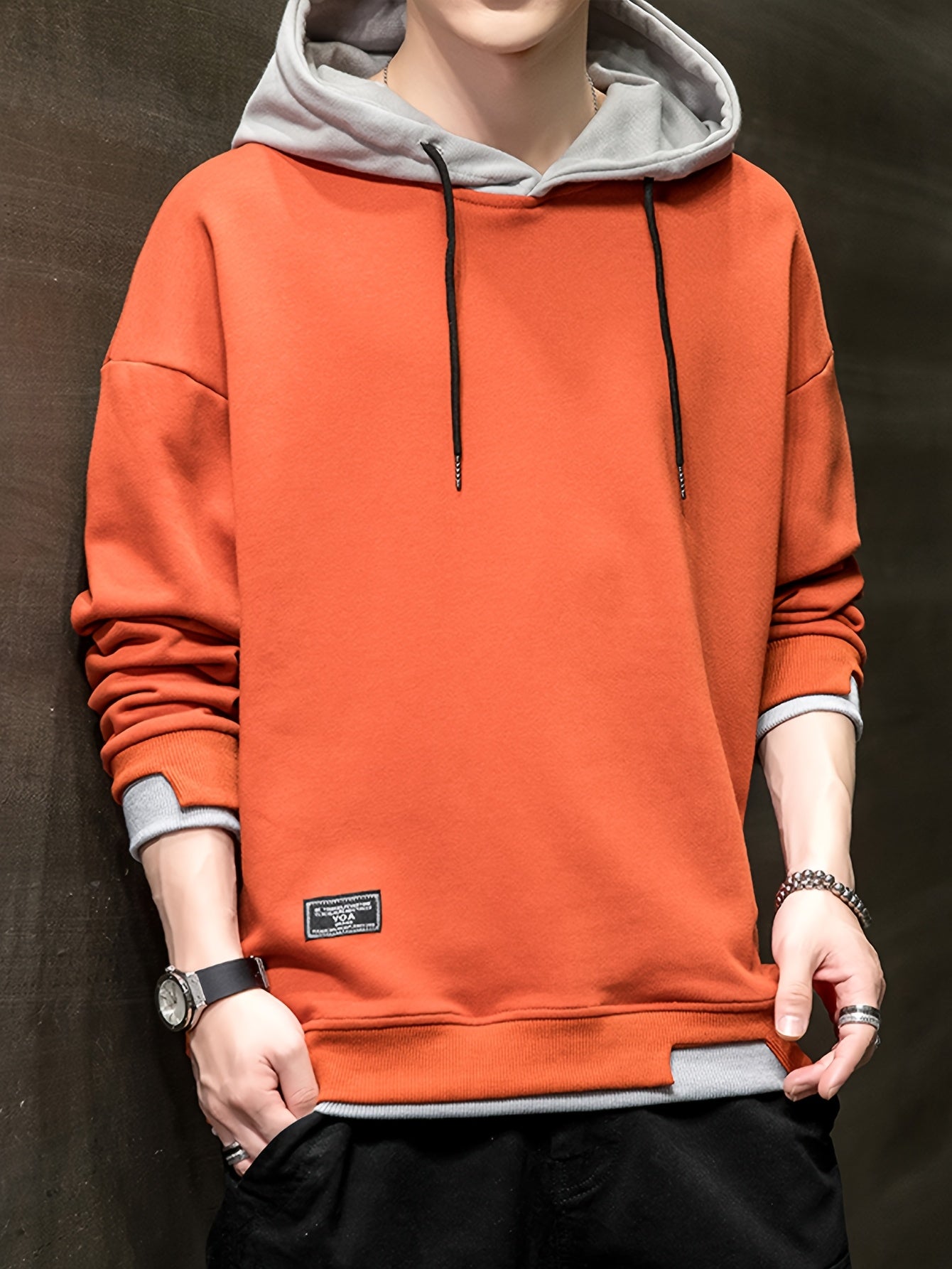 Men'S Fashion Casual Hooded Sweatshirt, 100% Polyester Knit Fabric, Long Sleeve, Loose Fit Pullover with Geometric Applique Design, Medium Stretch, for Spring/Autumn Trendy Streetwear