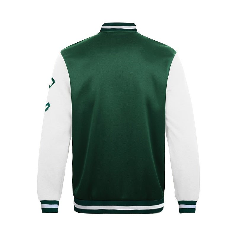 Men'S Casual Fashion Baseball Jacket, 100% Polyester Knit Fabric with Slight Stretch, Crew Neck, Button Closure, Alphabet Pattern, Regular Fit with Pockets, Polyester Lined