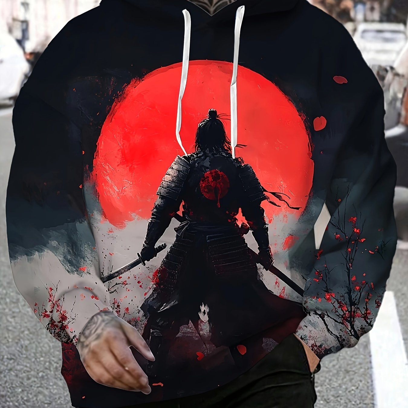 Men's Samurai & Red Moon Cherry Blossom 3D Print Hoodie - Casual Pullover with Kangaroo Pocket, Polyester, Machine Washable, Autumn Winter, Hooded Sweatshirt