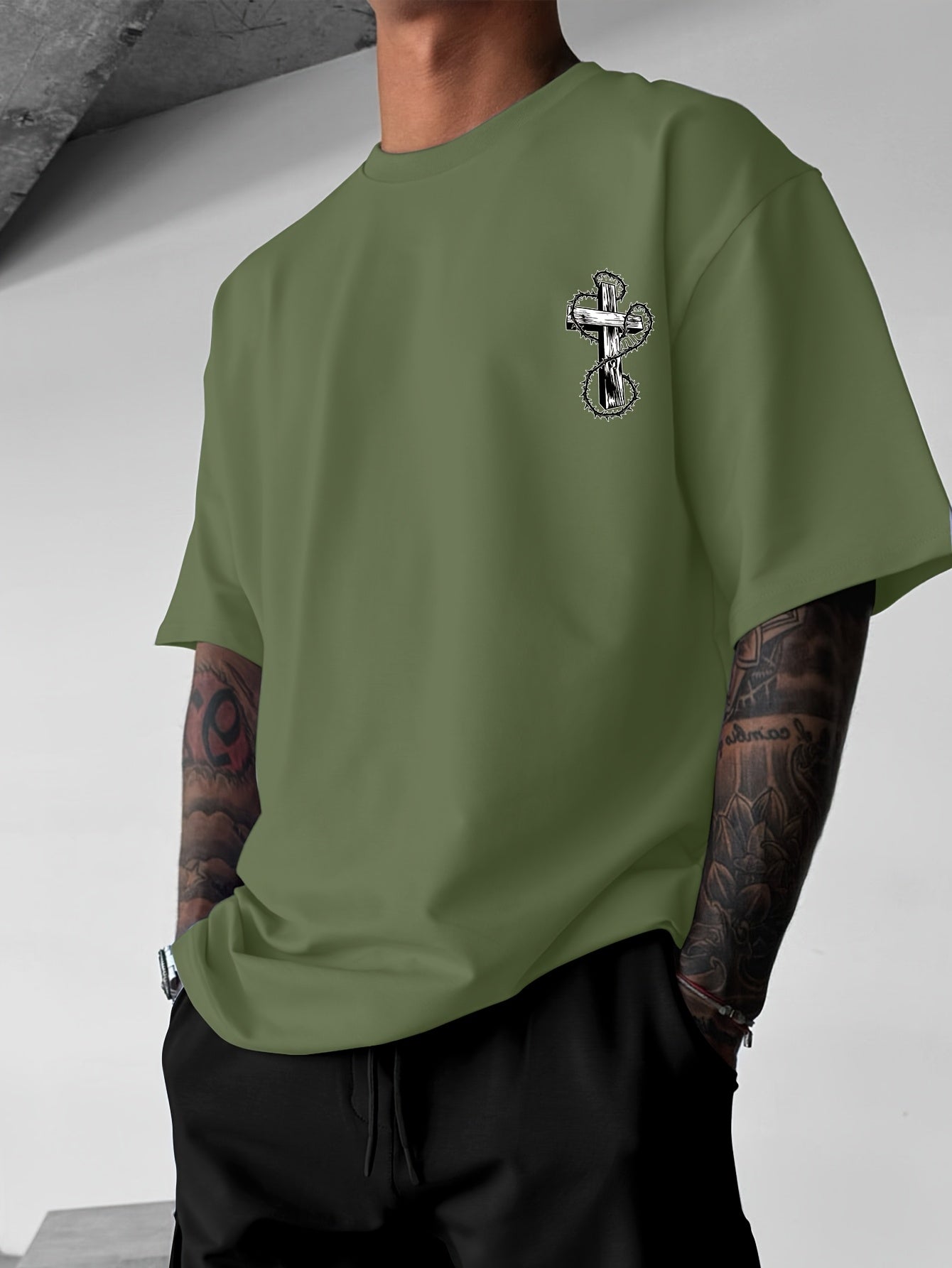 Y2K-Inspired Men's T-Shirt with Winged Cross Design - Casual Streetwear, Breathable Polyester, Summer Outdoor Fashion