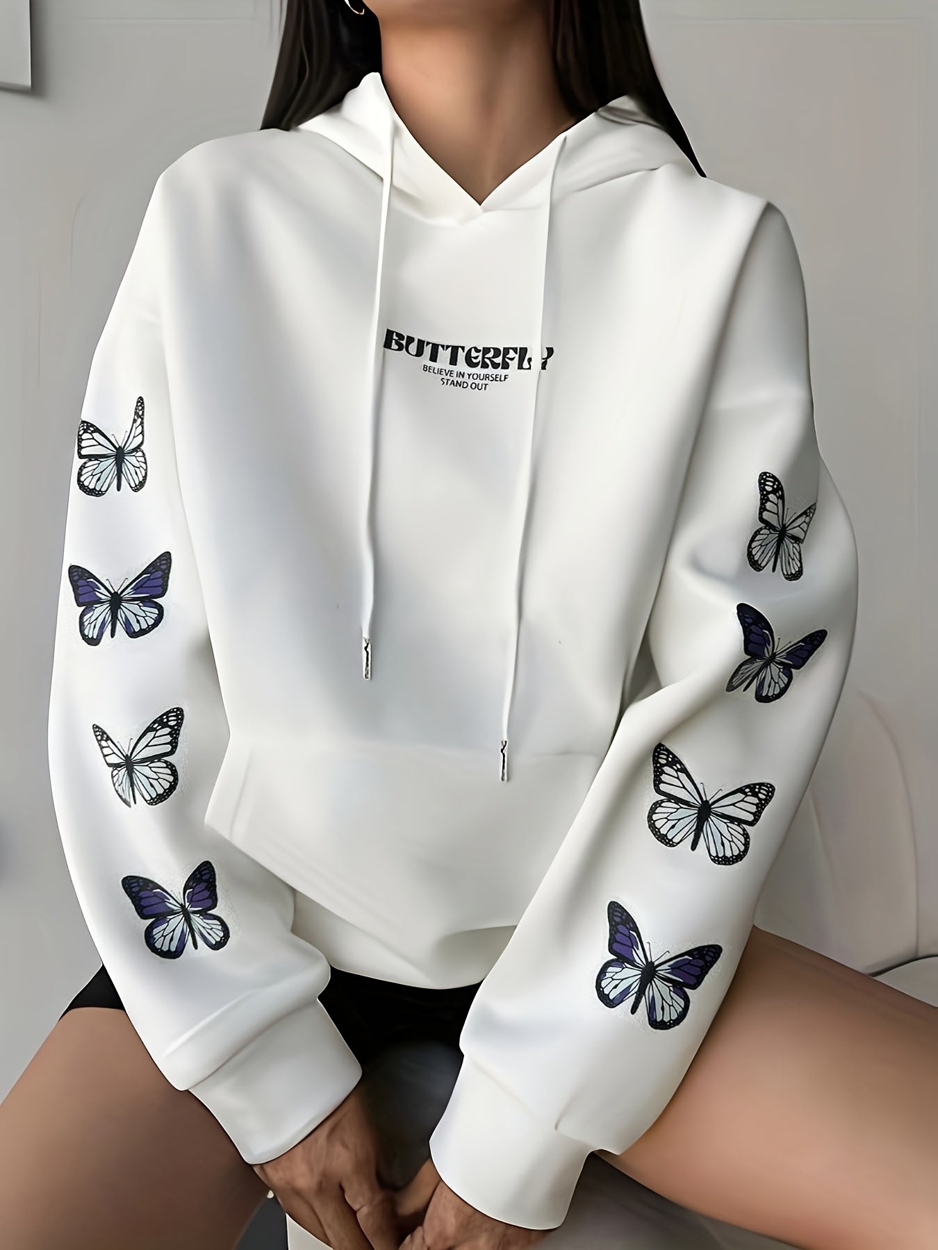 1pc Women'S Casual Butterfly Print Hoodie, Polyester Knit Sweatshirt with Pockets, Autumn/Winter Fashion Pullover with Hood