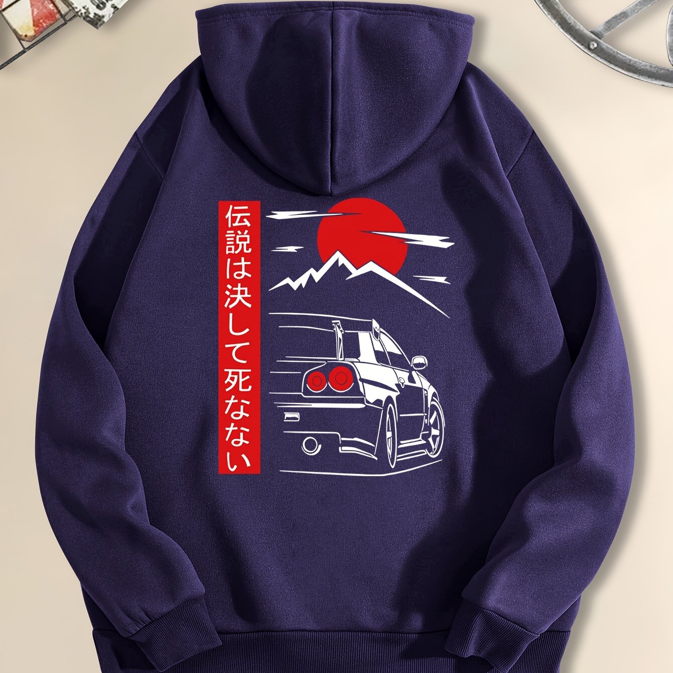 Men's Casual Black Hoodie with Sunset Sports Car Graphic - Cozy Long Sleeve Hooded Sweatshirt, Polyester, Machine Washable for Autumn & Winter, Sweater Hoodie