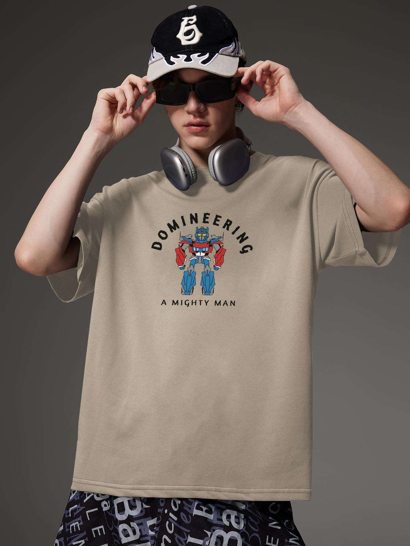 PRIVATHINKER "Domineering A Mighty for Man" Graphic Tee - 100% Cotton, Oversized Casual Hip Hop Style, Short Sleeve T-Shirt with Robot Print, Summer Streetwear for Men and Women