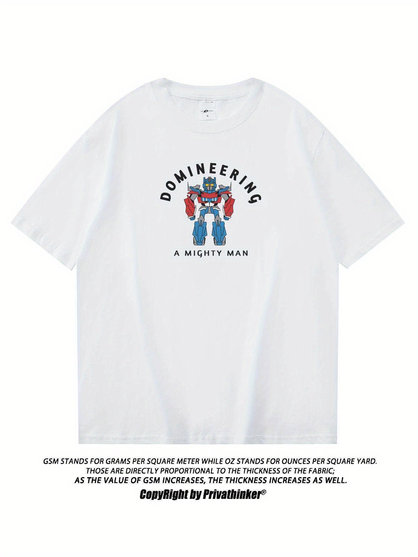 PRIVATHINKER "Domineering A Mighty for Man" Graphic Tee - 100% Cotton, Oversized Casual Hip Hop Style, Short Sleeve T-Shirt with Robot Print, Summer Streetwear for Men and Women
