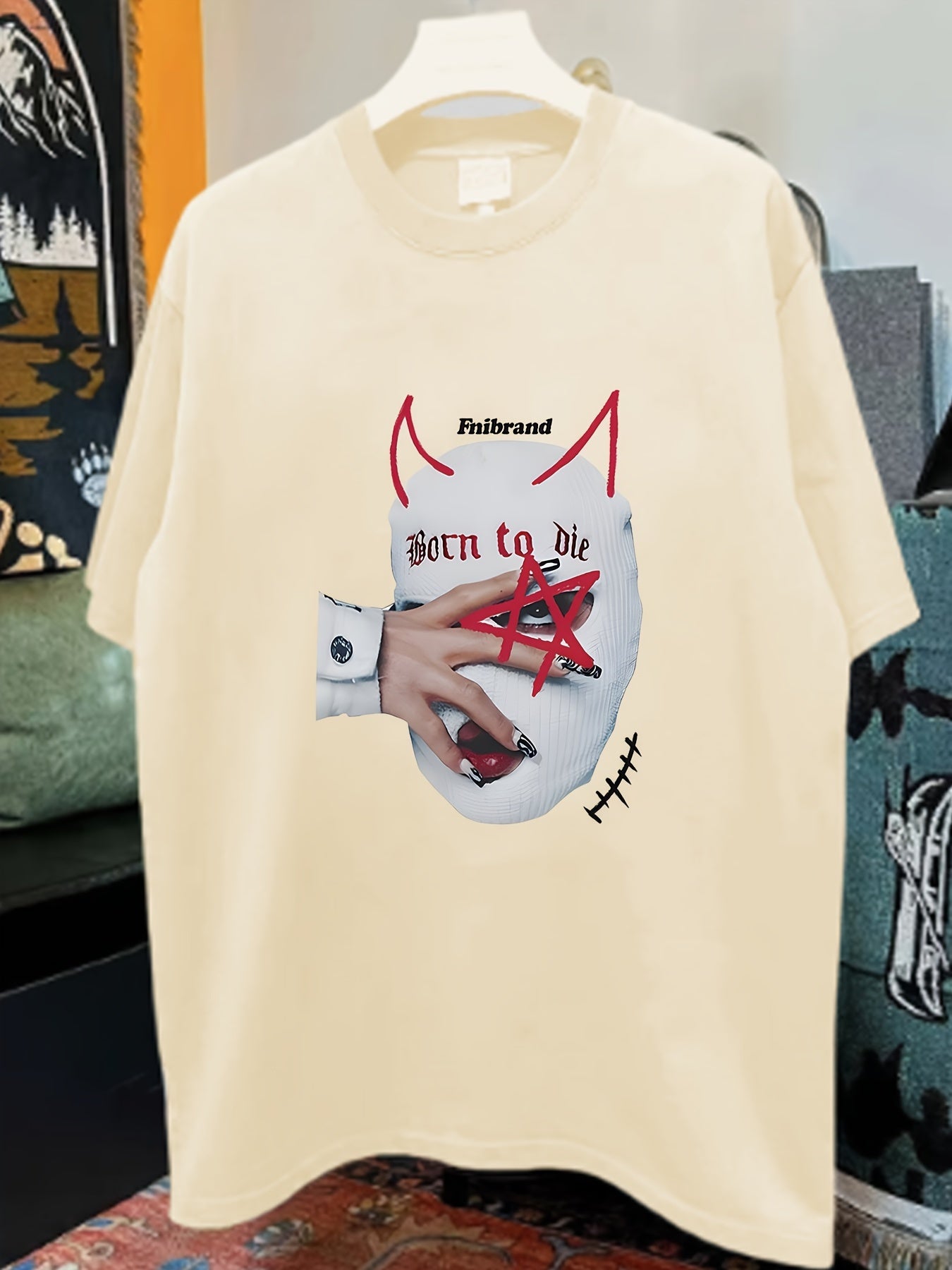 Retro-Inspired "Born to Die" Graphic Cotton Tee for Men - Loose Fit, Drop Shoulder, Short Sleeve with Unique Star and Hand Print Design, Round Neck - Casual Summer Wear