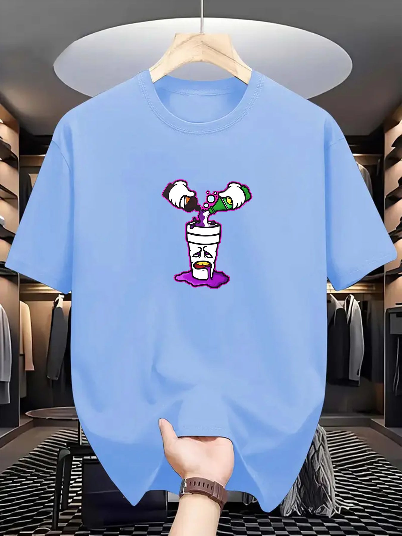 Men's Casual Summer Tee - Purple Drink Print, Short Sleeve, Crew Neck, Stretch Fabric, Machine Washable, Regular Fit T-Shirt for Casual Attire