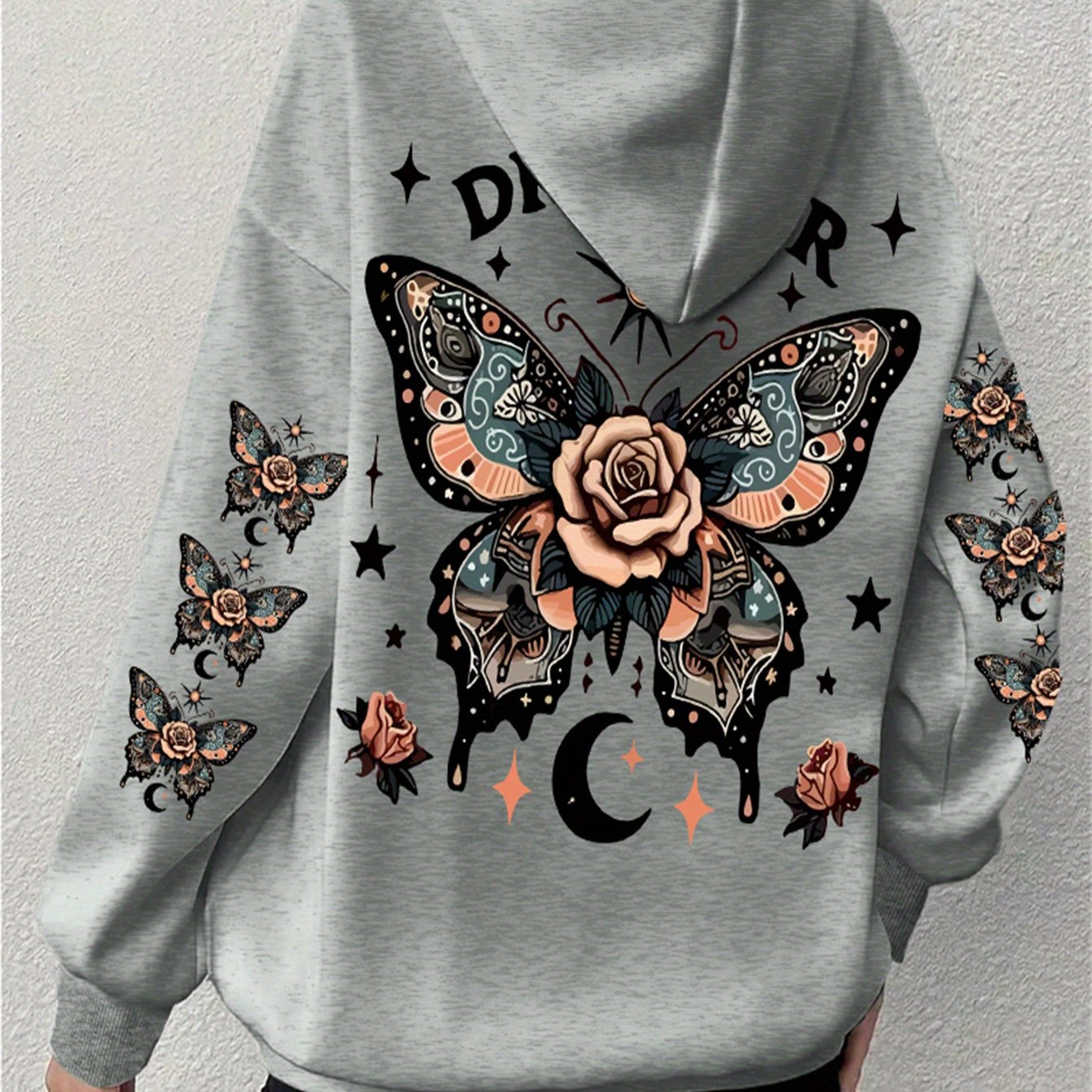 Plus Size Butterfly Print Drawstring Hoodie, Casual Long Sleeve Kangaroo Pocket Hooded Sweatshirt For Fall & Winter, Women's Plus Size Clothing