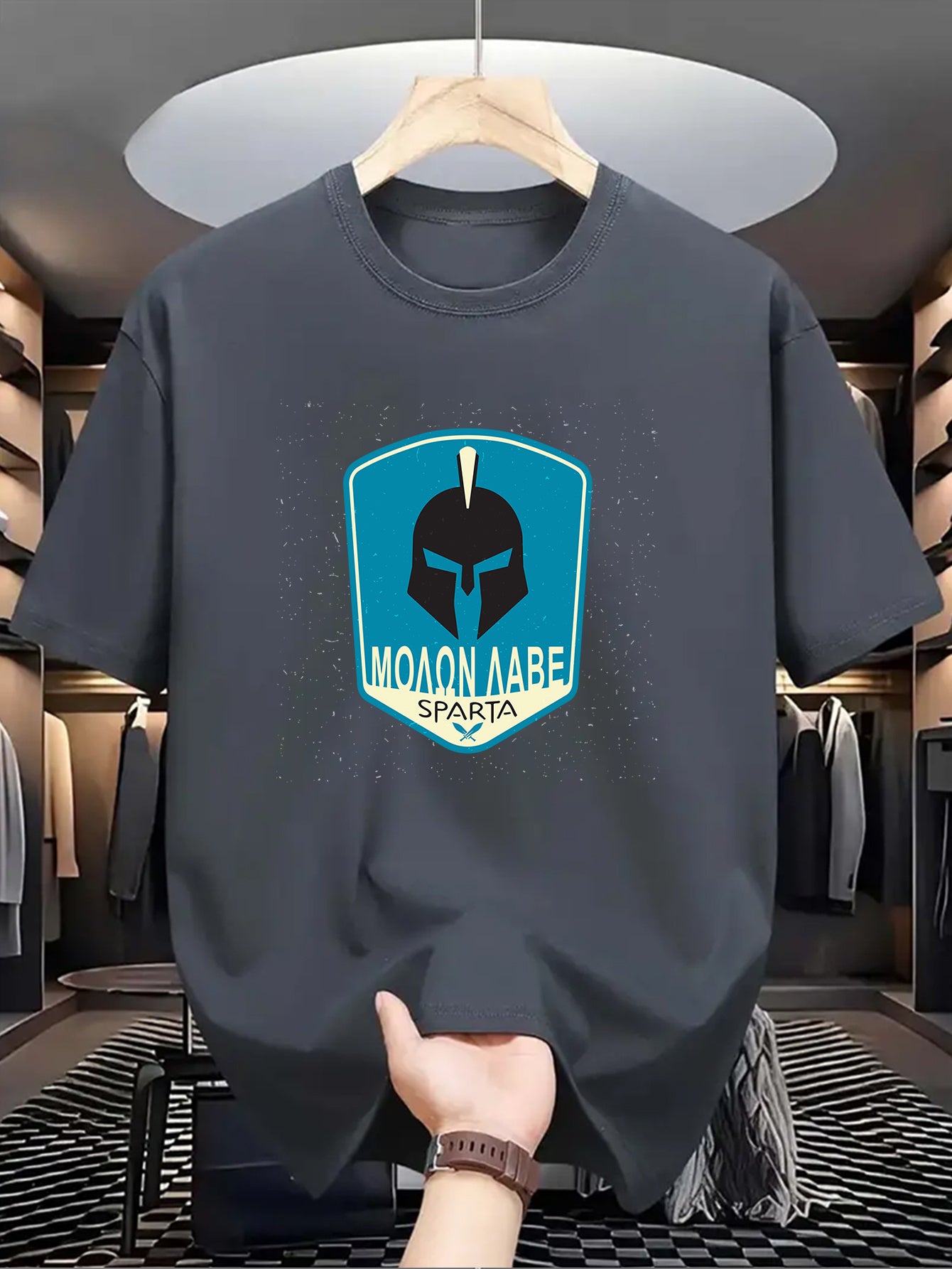 Men's SPARTA Graphic Tee - Beige Crew Neck Short Sleeve T-Shirt with Blue Spartan Helmet Design, 100% Polyester, Casual Summer Wear for Everyday & Special Occasions, Cool Oversized Tee Shirts