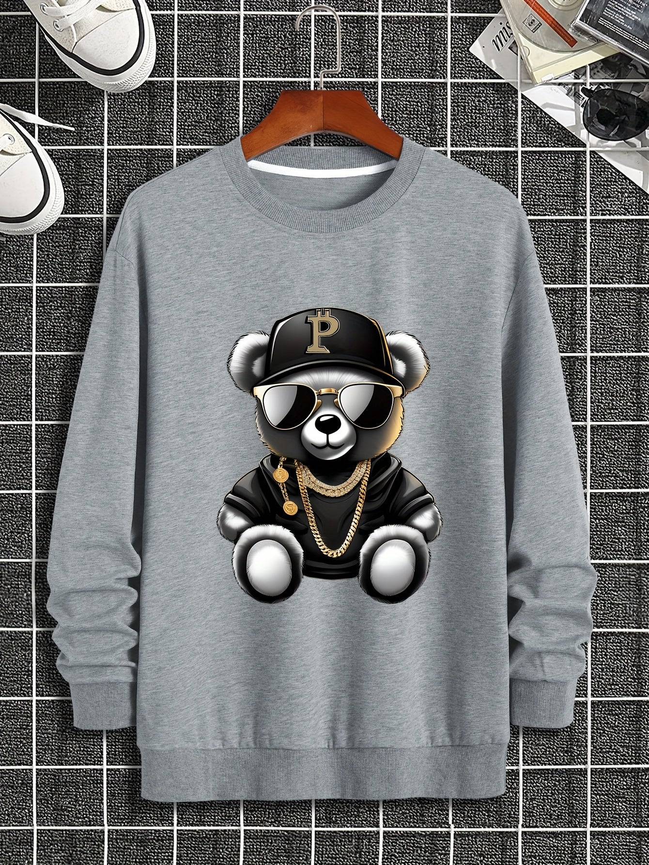 Men's Casual Long Sleeve Crew Neck Sweatshirt with Cool Bear Print - Soft Polyester Blend, Perfect for Fall & Winter
