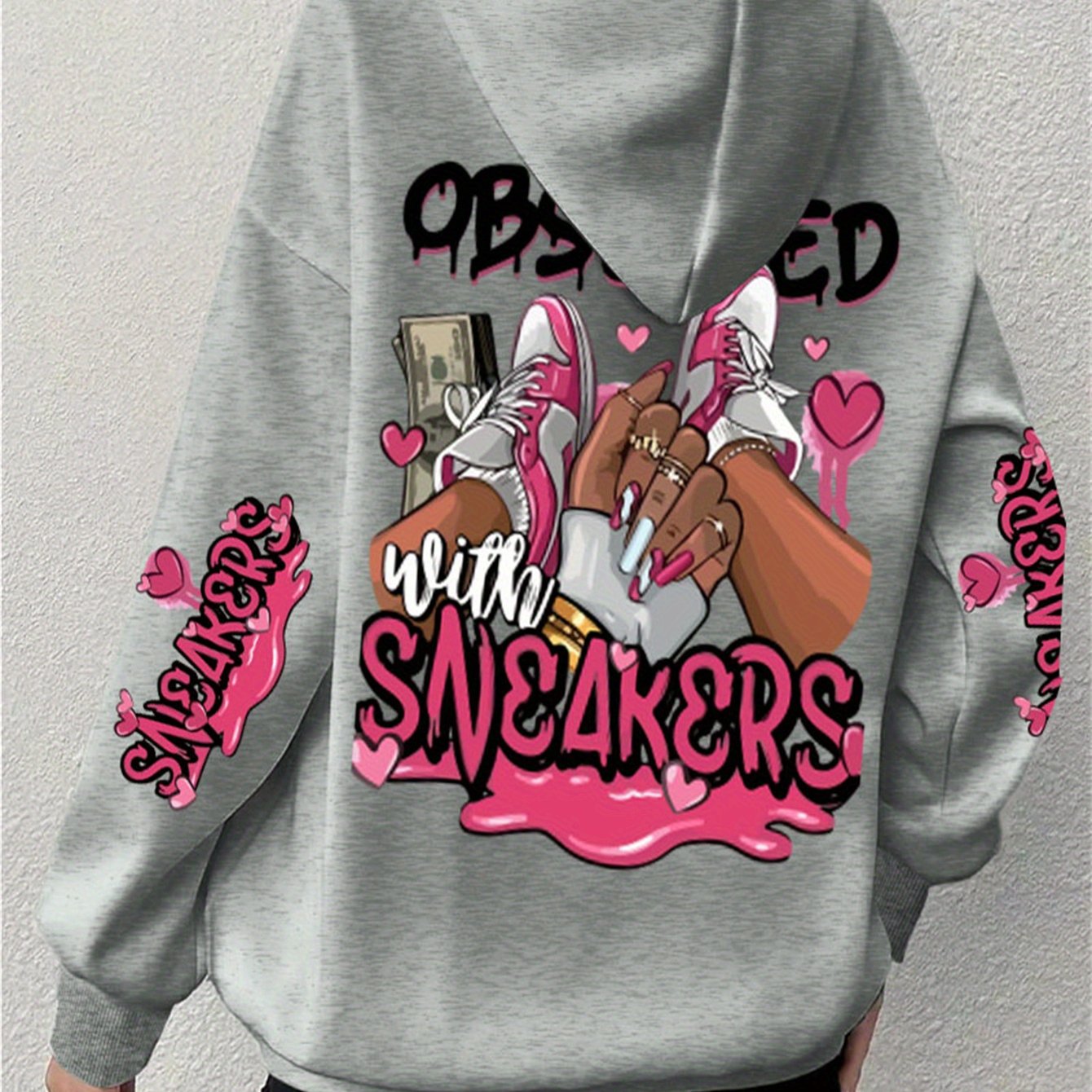 Casual Plus Size Hoodie with Long Sleeve Letter Print, Polyester Knit Pullover - Machine Washable, Hoodie Plus Size
